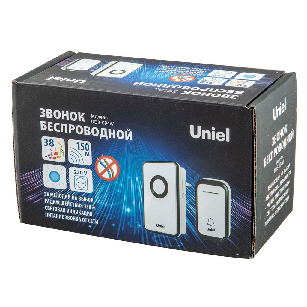 UDB-094W-R1T1-38S-BL/GL Звонок электронный, 220В. Радиус действия 150 м. Черный с золотистым. ТМ Uniel
