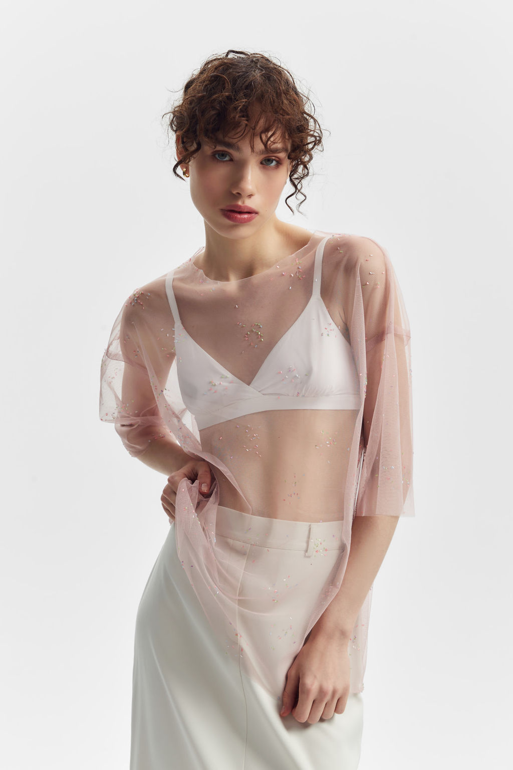 Футболка оверсайз из эластичной сетки со стеклярусом - Mollis фото 2