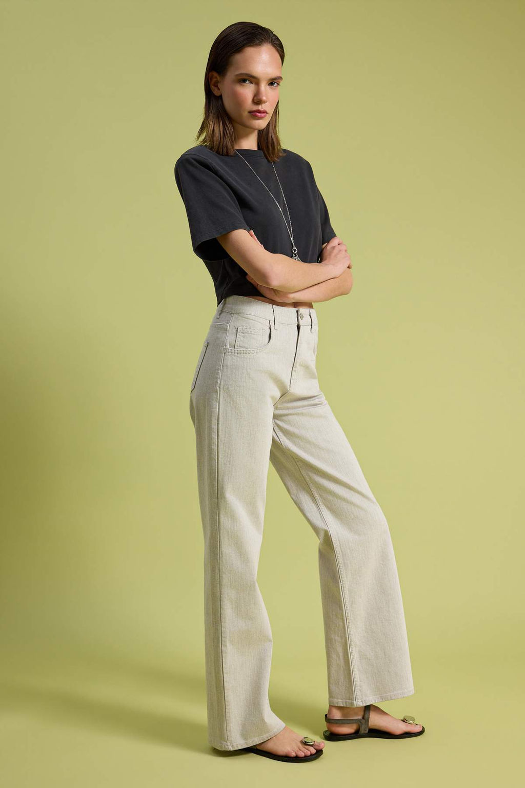 Ekru Yuksek Bel Wide Leg Genis Paca Dokulu Kumas Jeans TWOSS26JE00240 - Trendyolmilla фото 4