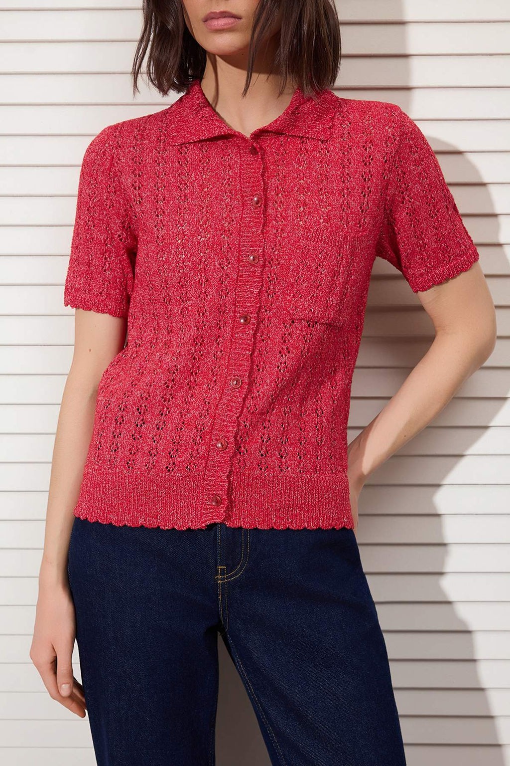 K?rm?z? Pamuk Kar?s?ml? Dugmeli Triko Bluz TWOSS26BZ00294