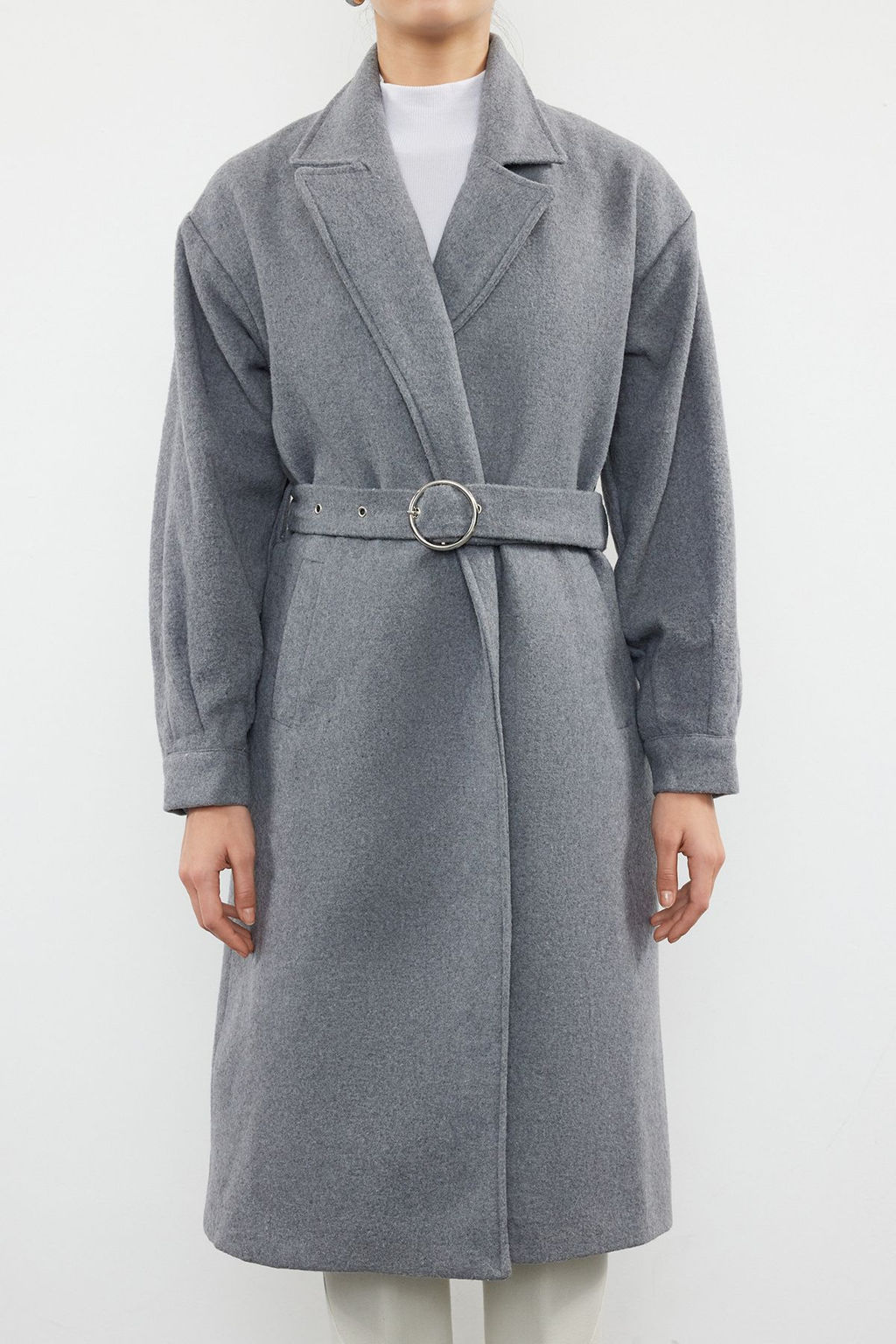 Trendyolmilla Ac?k Gri Regular Kemerli Kaban TWOAW20KB0029 фото 14