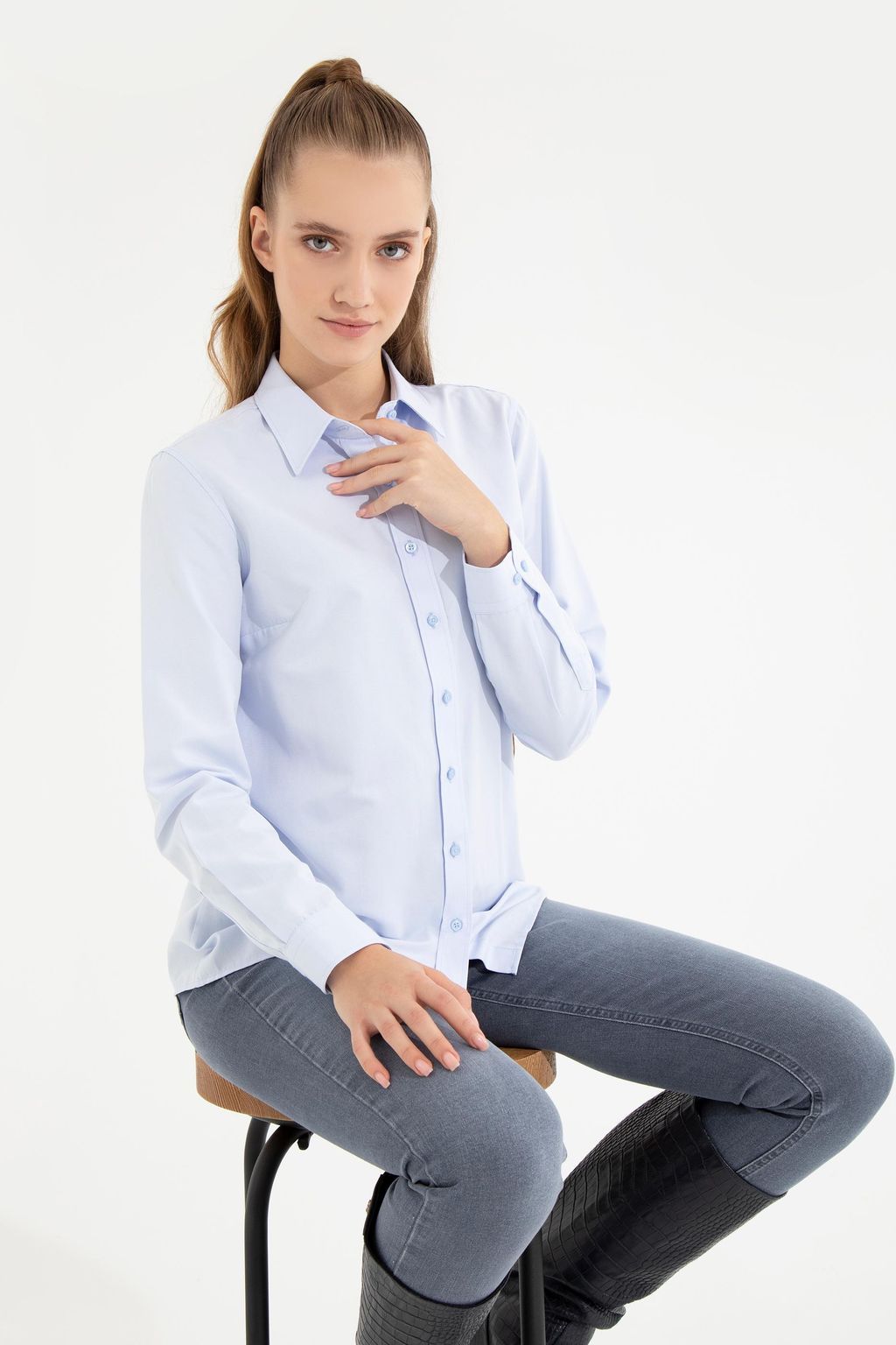 U. S. Polo Assn Женская голубая базовая рубашка с длинным рукавом - U.s. polo assn фото 5