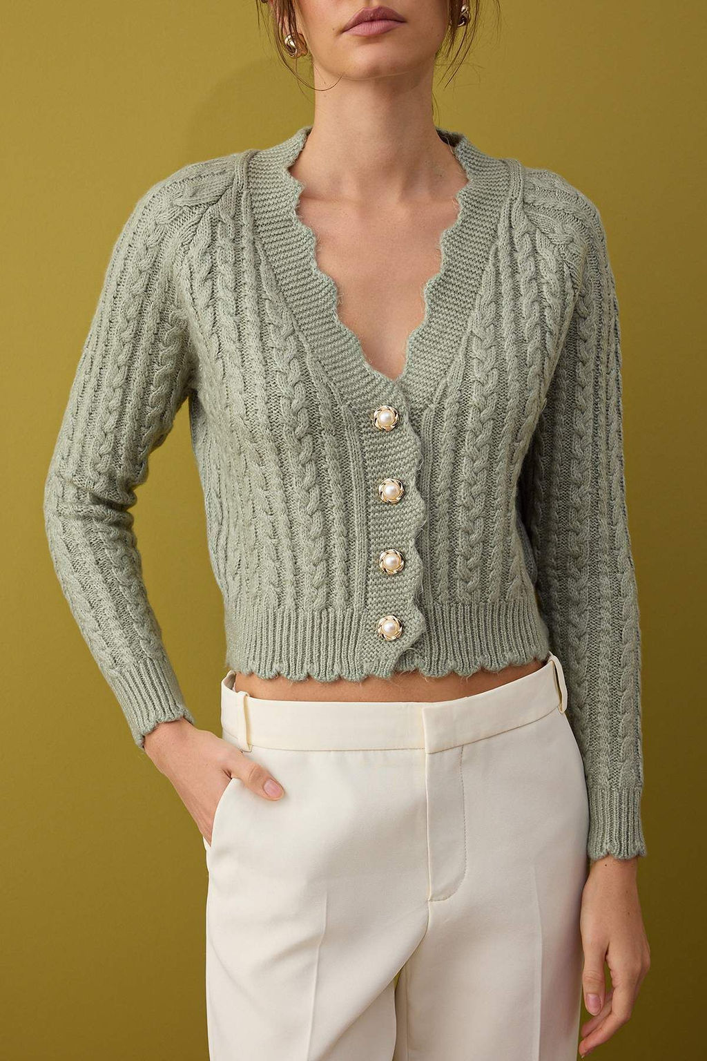 Mint Yumusak Dokulu Inci Dugme Detayl? Crop Triko H?rka TWOAW26HI00185