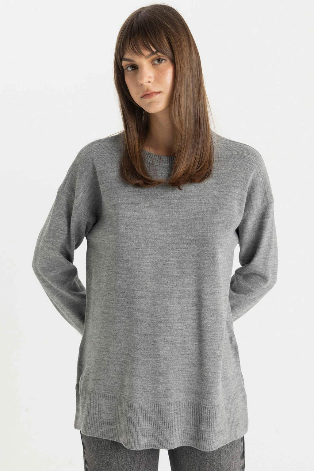 Regular Fit Bisiklet Yaka Yandan Y?rtmacl? Basic Duz Triko Kazak Tunik - Defacto фото 3