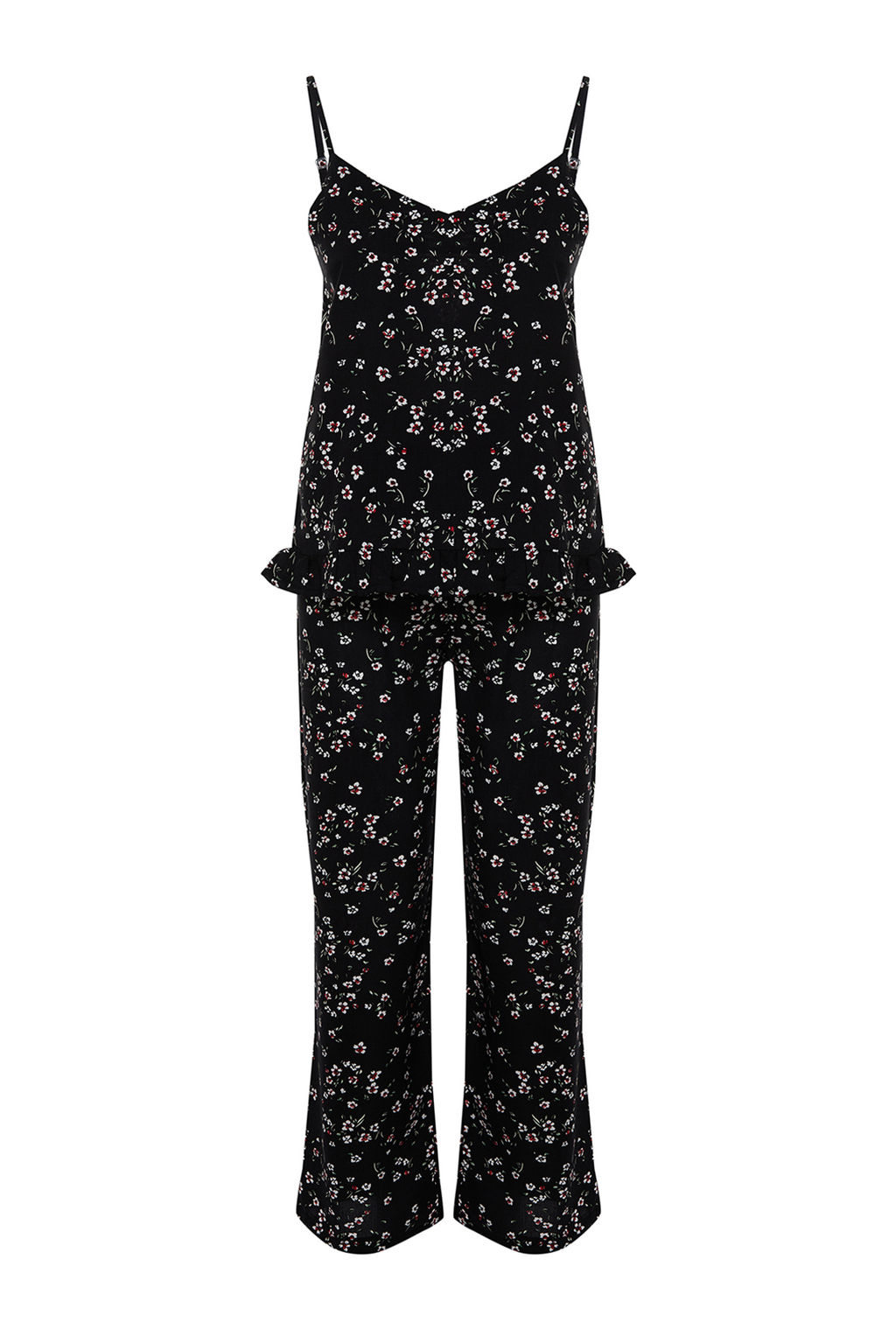 Trendyolmilla Siyah Cicekli F?rf?rl? Ip Ask?l? Viskon Dokuma Pijama Tak?m? THMSS24PT00301