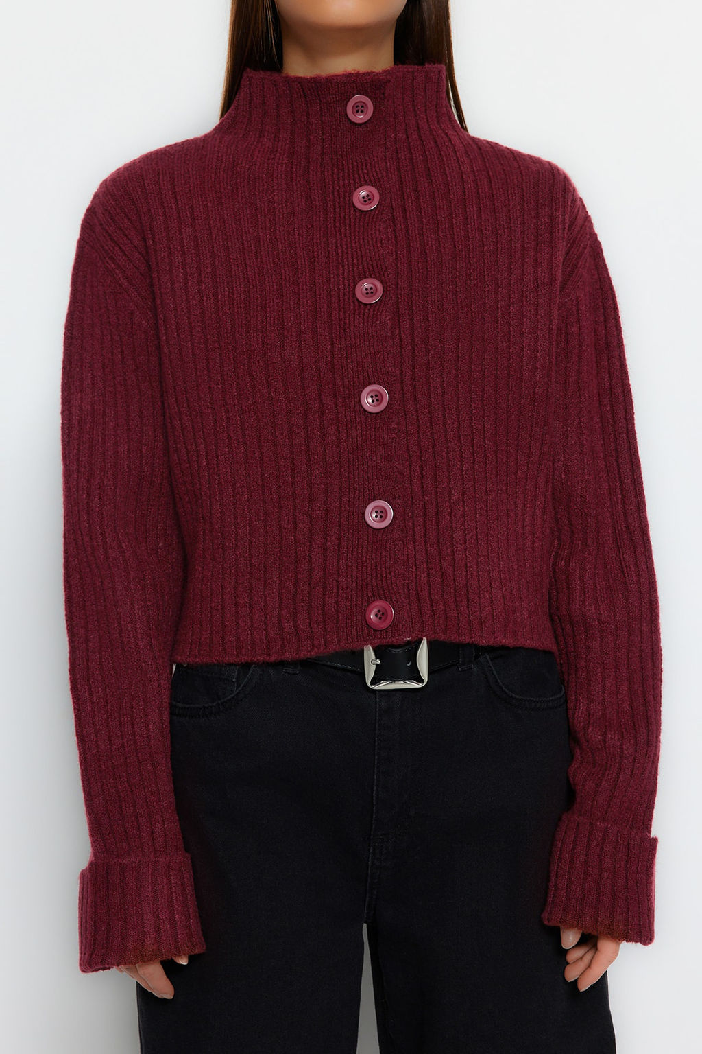 Bordo Crop Yumusak Dokulu Dik Yaka Triko H?rka TWOAW22HI0174