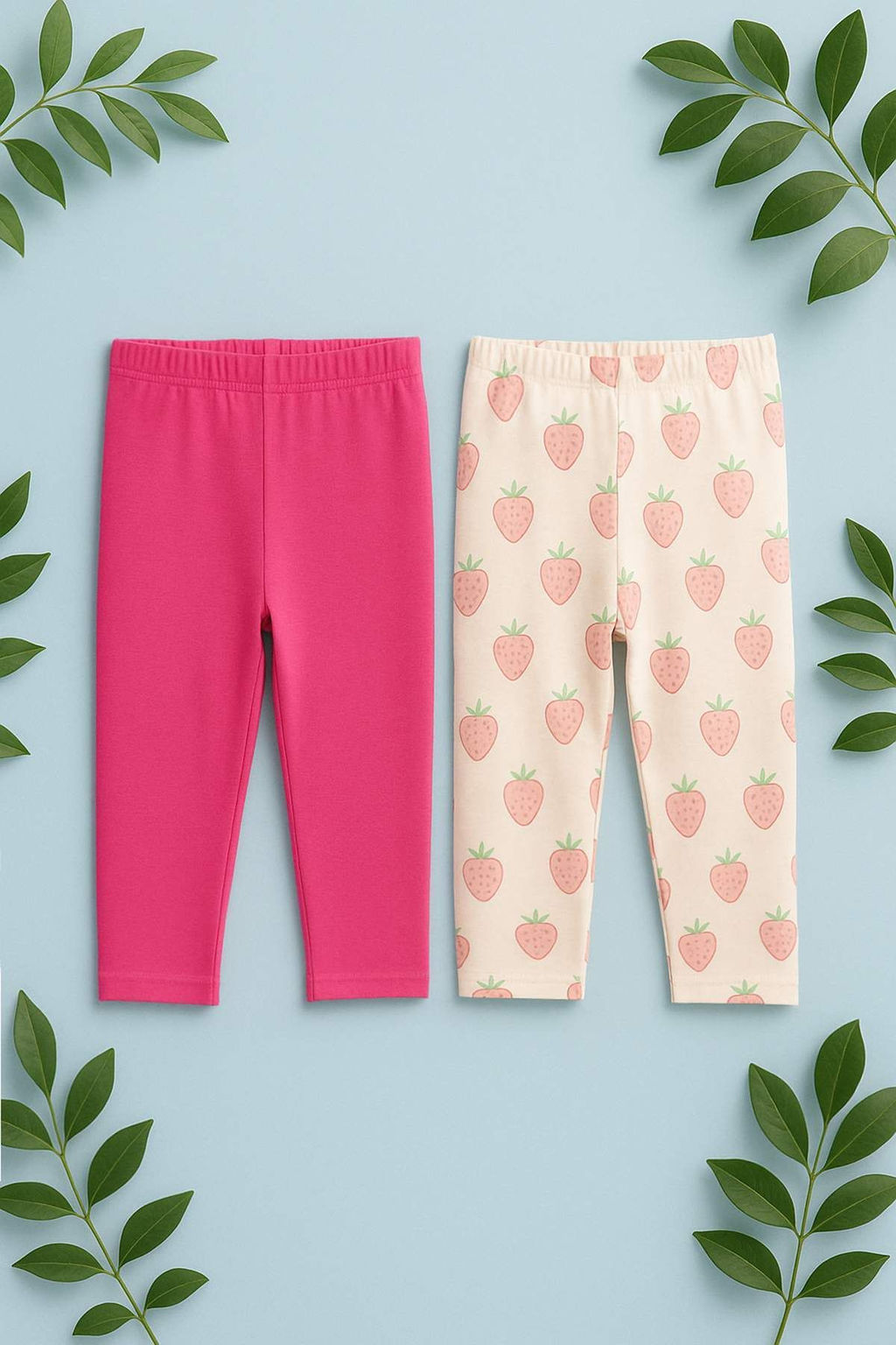 Fusya-Cok Renkli 2li K?z Cocuk %100 Pamuk Cilek Bask?l? Diz Boy Orme Tayt TKDSS25TA00021