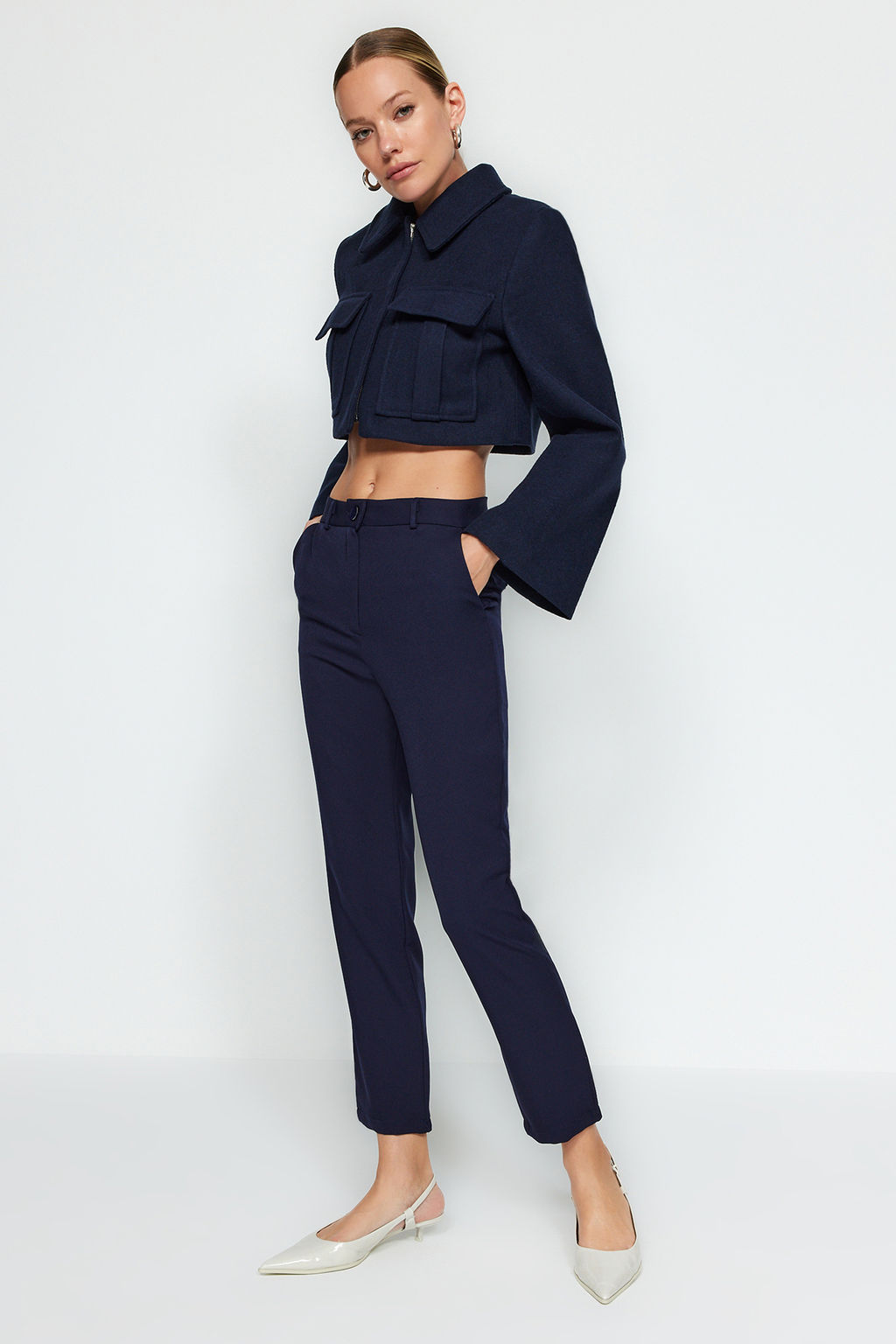 Lacivert Basic Cigarette Dar Paca Dokuma Kumas Pantolon TWOSS19ST0038