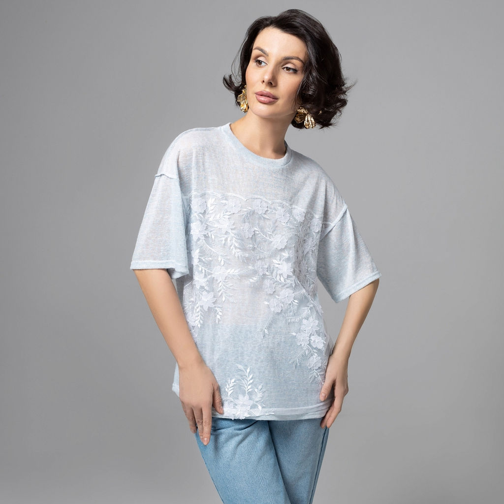 Футболка с объемным декором, Буду тебе сниться (голубой меланж) - Charutti фото 9