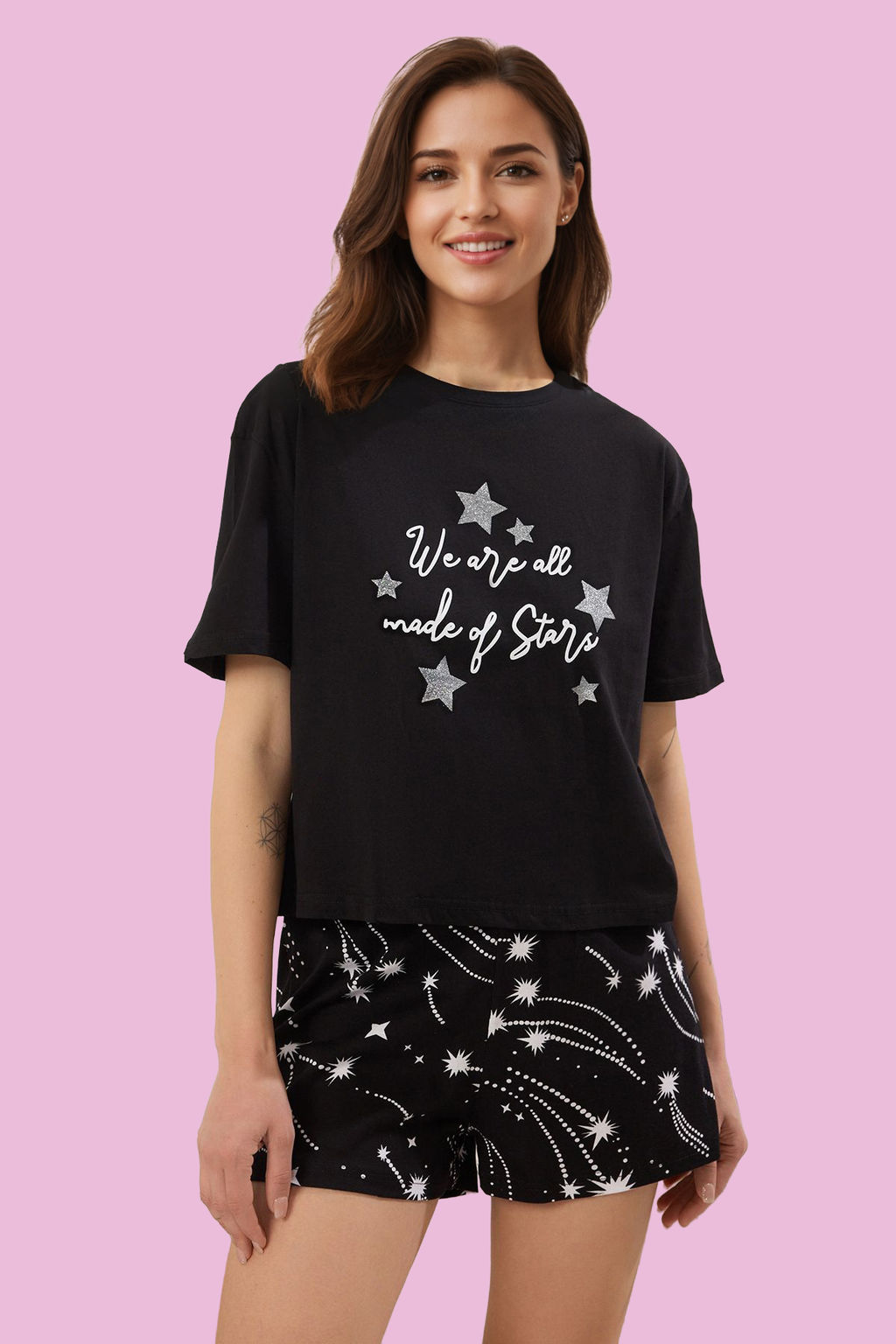 Trendyolmilla Pembe %100 Pamuklu Eglence Desenli Sortlu Orme Pijama Tak?m? THMSS25PT00393 фото 9