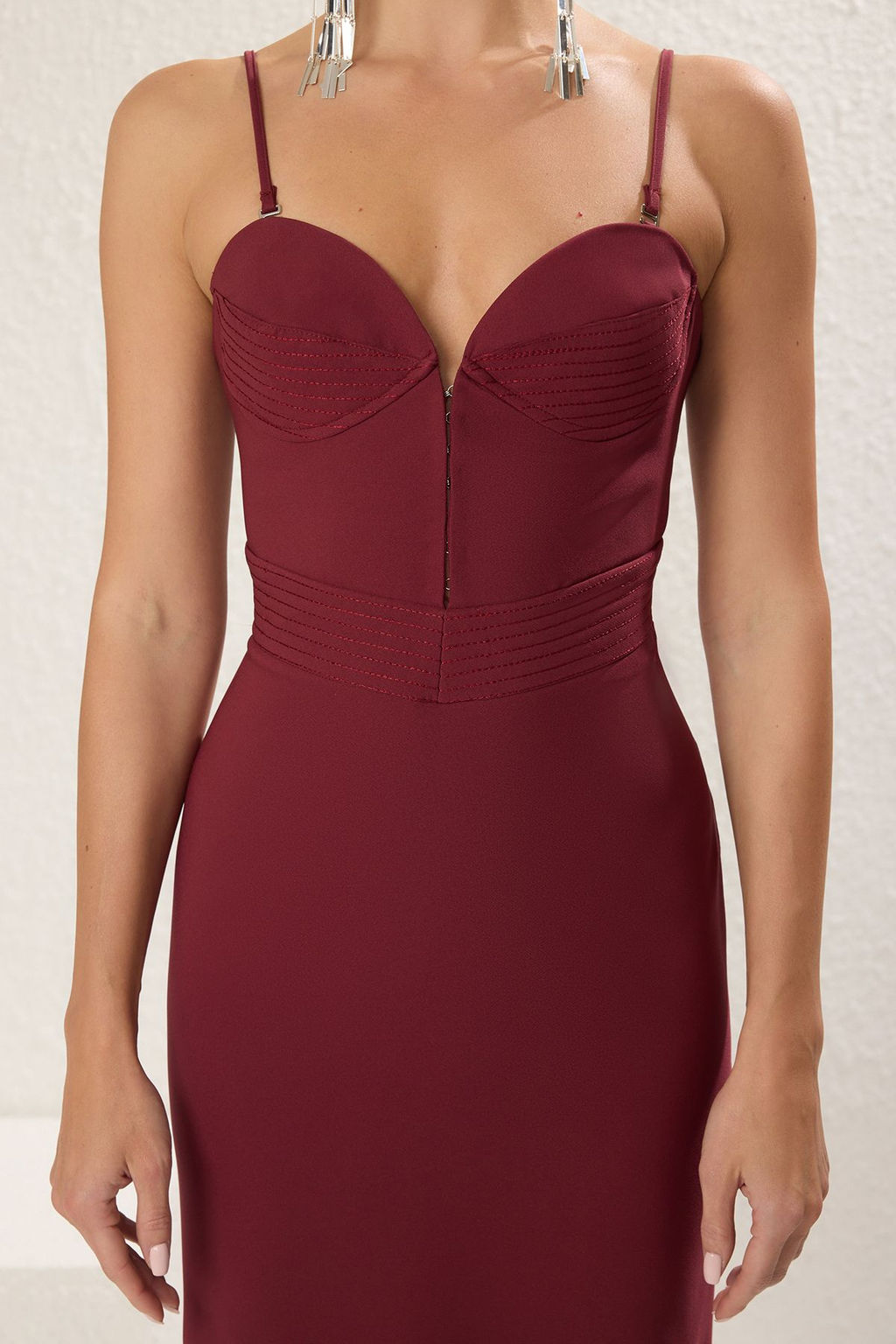 Bordo Straplez Dokuma Uzun S?k Abiye Gece Mezuiyet Elbisesi TPRSS25AE00098