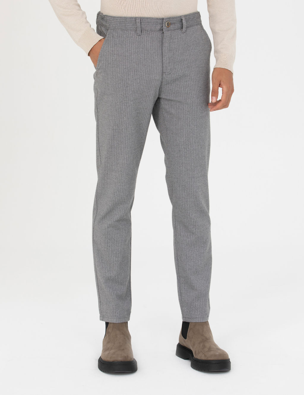 Gri Slim Fit _izgili Kanvas Pantolon