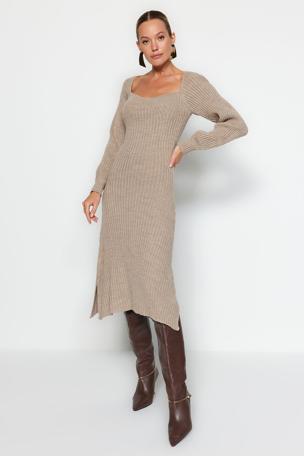 TRENDYOLMILLA Kiremit Midi Triko Kalp Yaka Elbise TWOAW24EL00212  фото 2