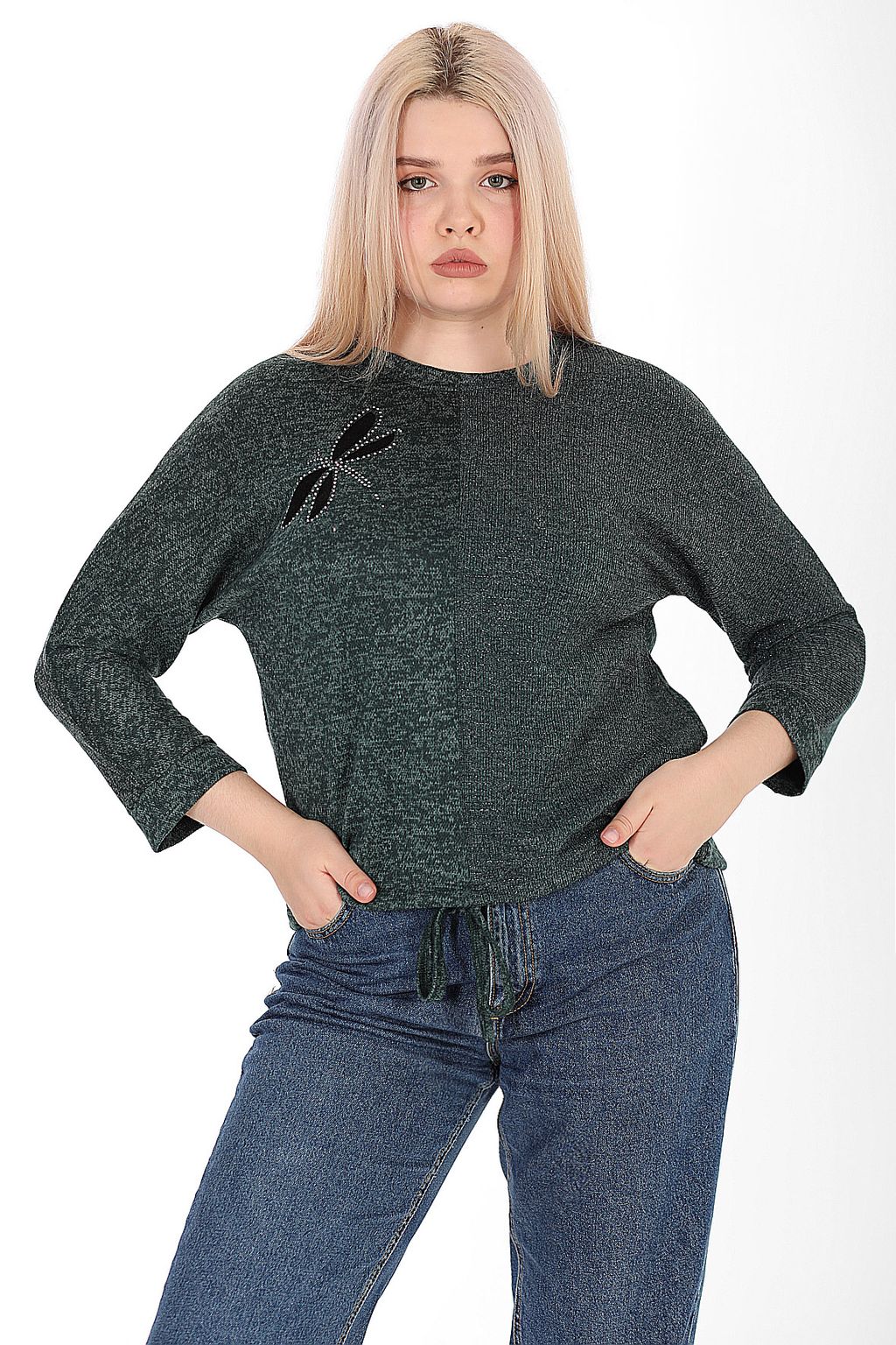 Блузка трикотажная с завязками на талии темно-зеленая - Almond фото 2