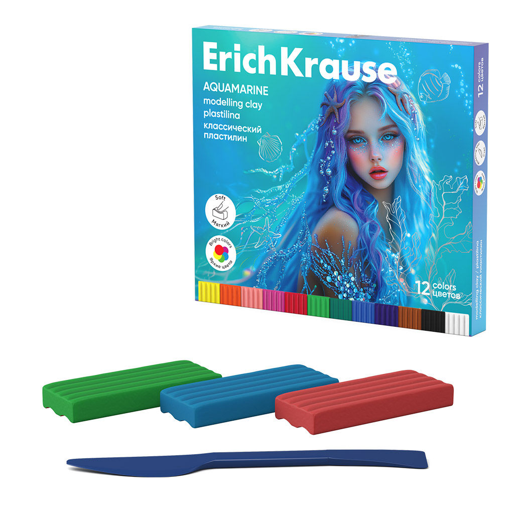 Цена за 1 шт. Пластилин классический ErichKrause Aquamarine 12 цветов со стеком, 180 г (в коробке 12 шт)