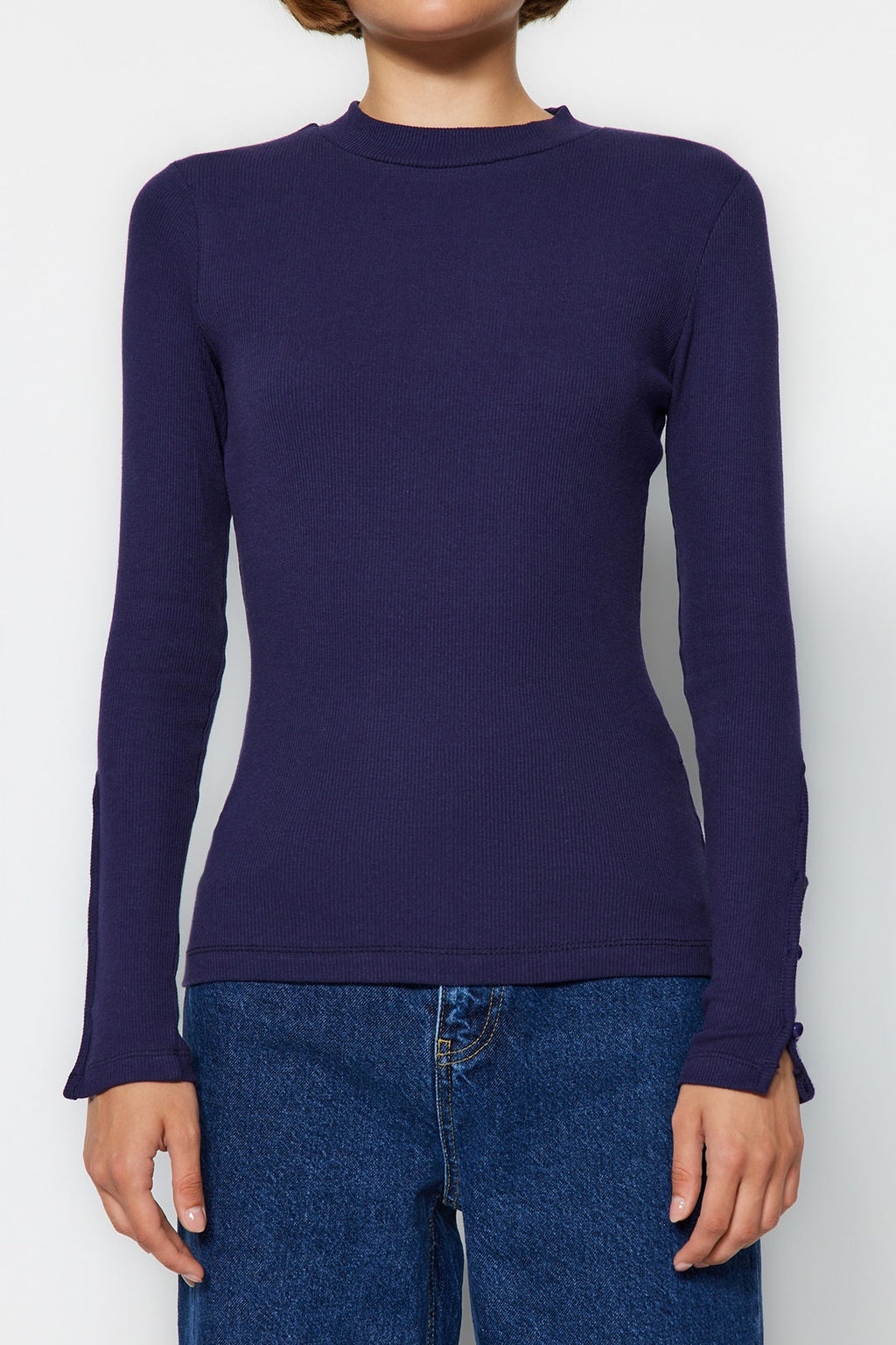 Trendyolmilla Lacivert Dugmeli Fitilli Dik Yaka Fitted/Vucuda Oturan Pamuklu Esnek Orme Bluz TWOAW24BZ00273  фото 3