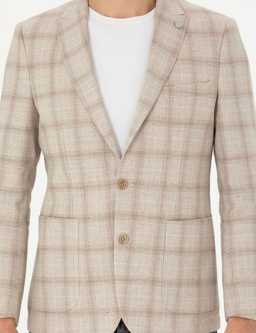 Bej Slim Fit Keten Kar___ml_ Ekose Ceket