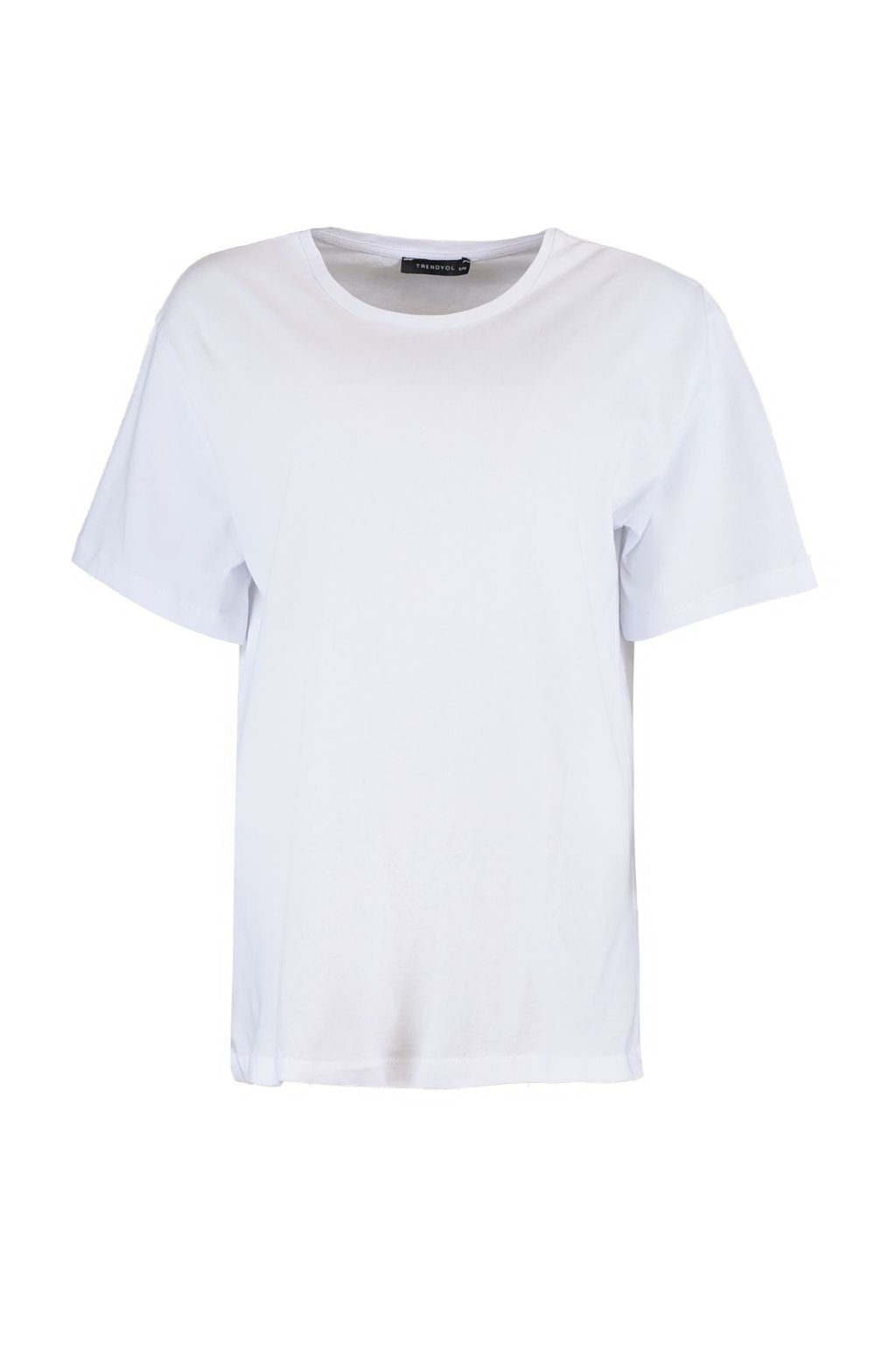 Beyaz %100 Pamuk Bisiklet Yaka Oversize/Genis Kal?p Orme T-Shirt TWOSS20TS0134