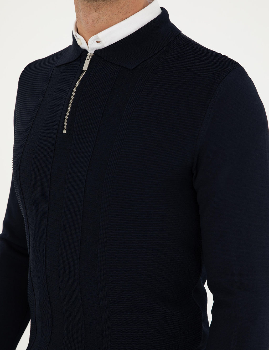 Lacivert Regular Fit Fermuarl_ Polo Yaka Triko Kazak