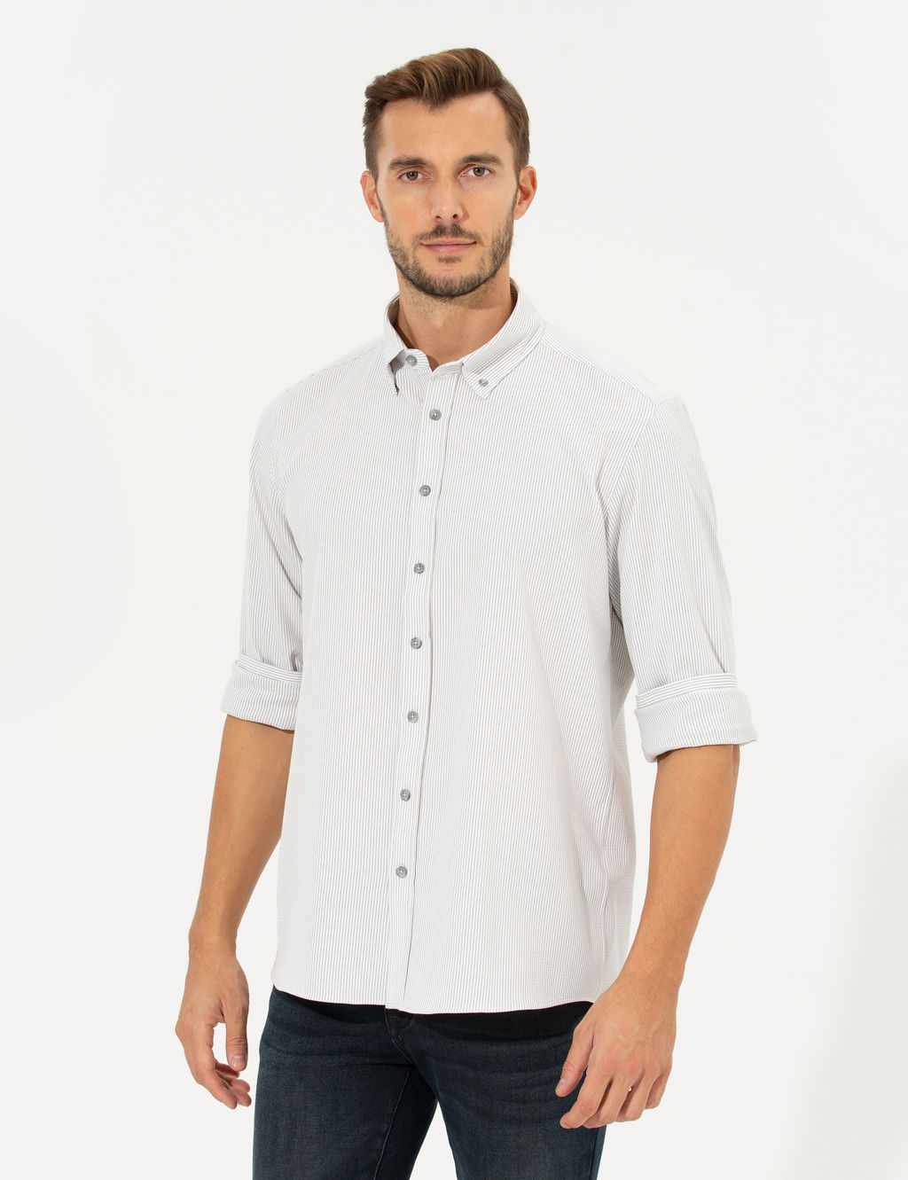 A__k Gri Slim Fit Uzun Kollu G_mlek