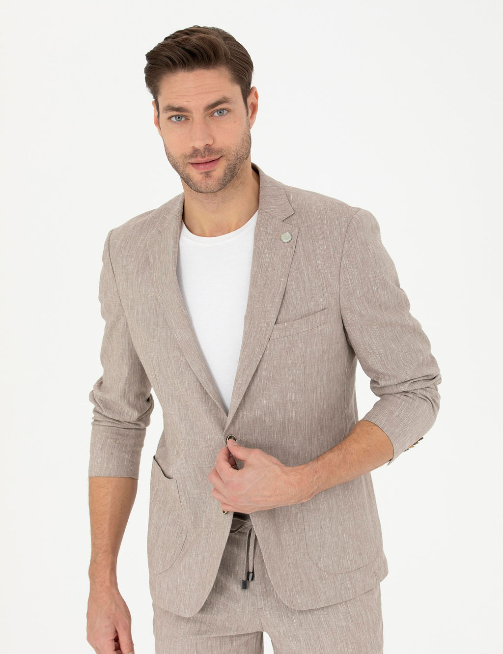 A__k Kahverengi Ex. Slim Fit Keten Kar___ml_ Ceket