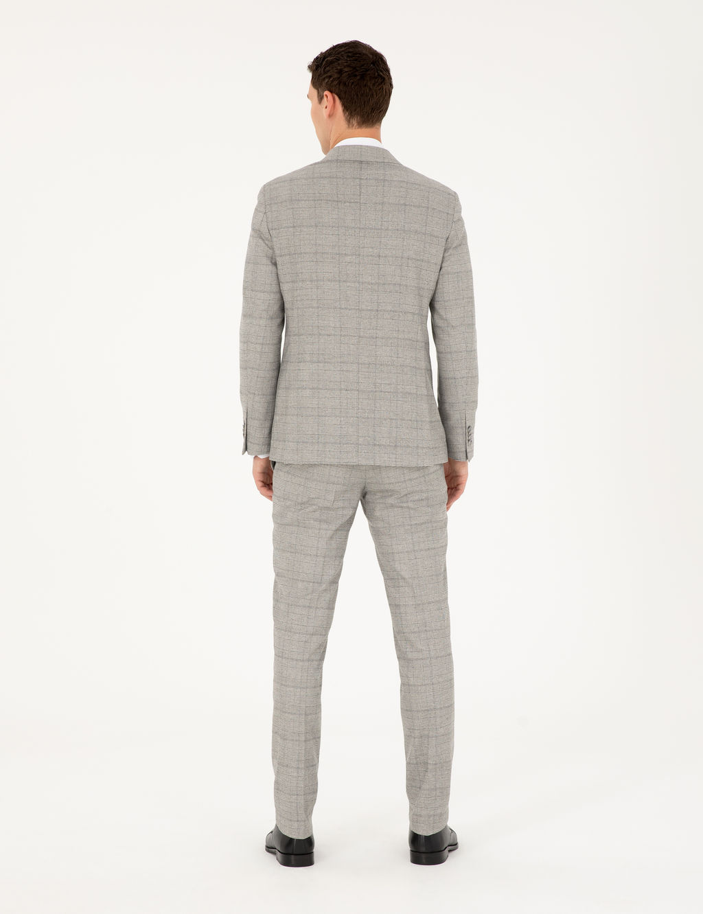 Gri Extra Slim Fit Ekose Kruvaze Tak_m Elbise