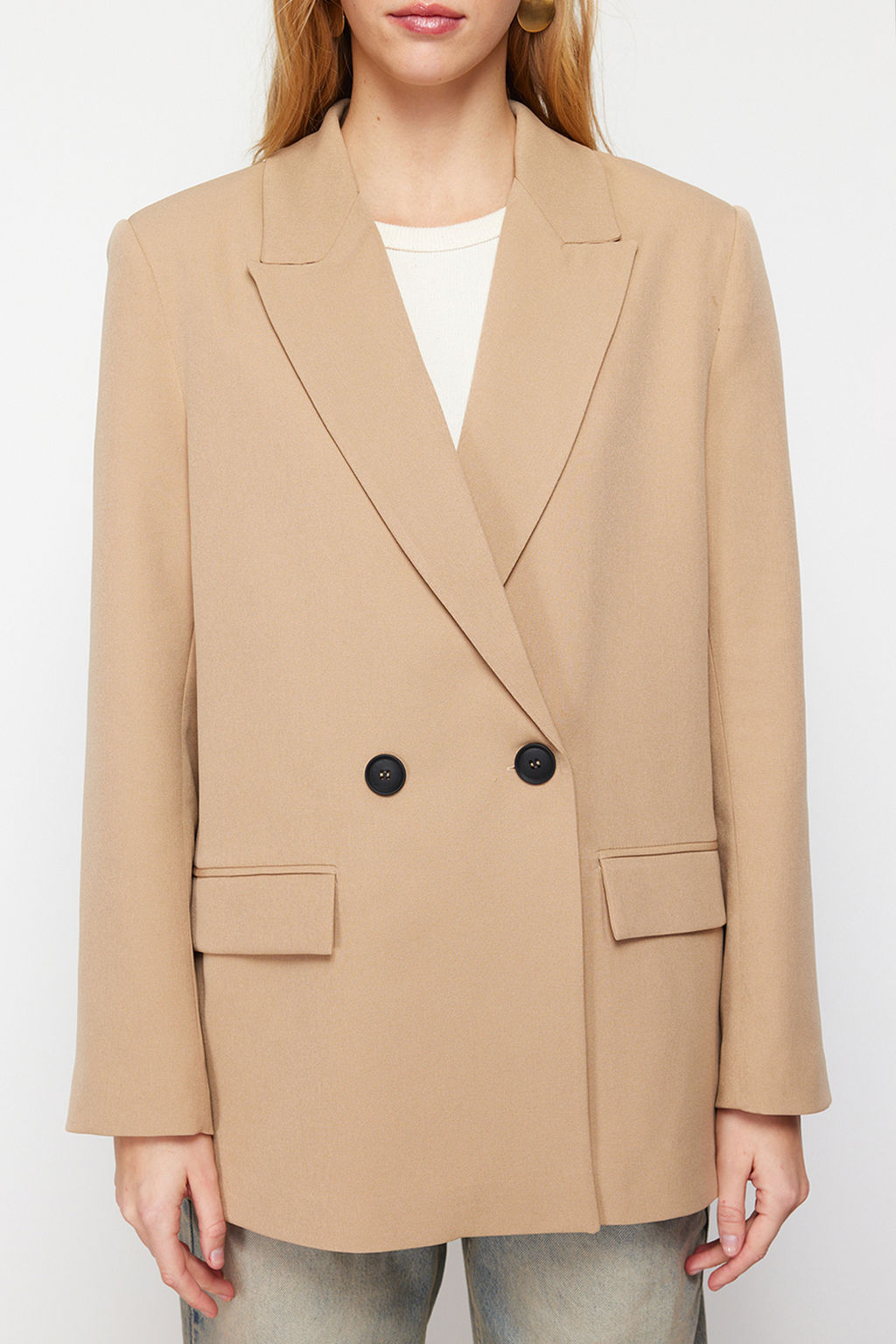 Camel Oversize Duz Kesim Basic Kruvaze Dokuma Blazer Ceket TWOSS24BC00028