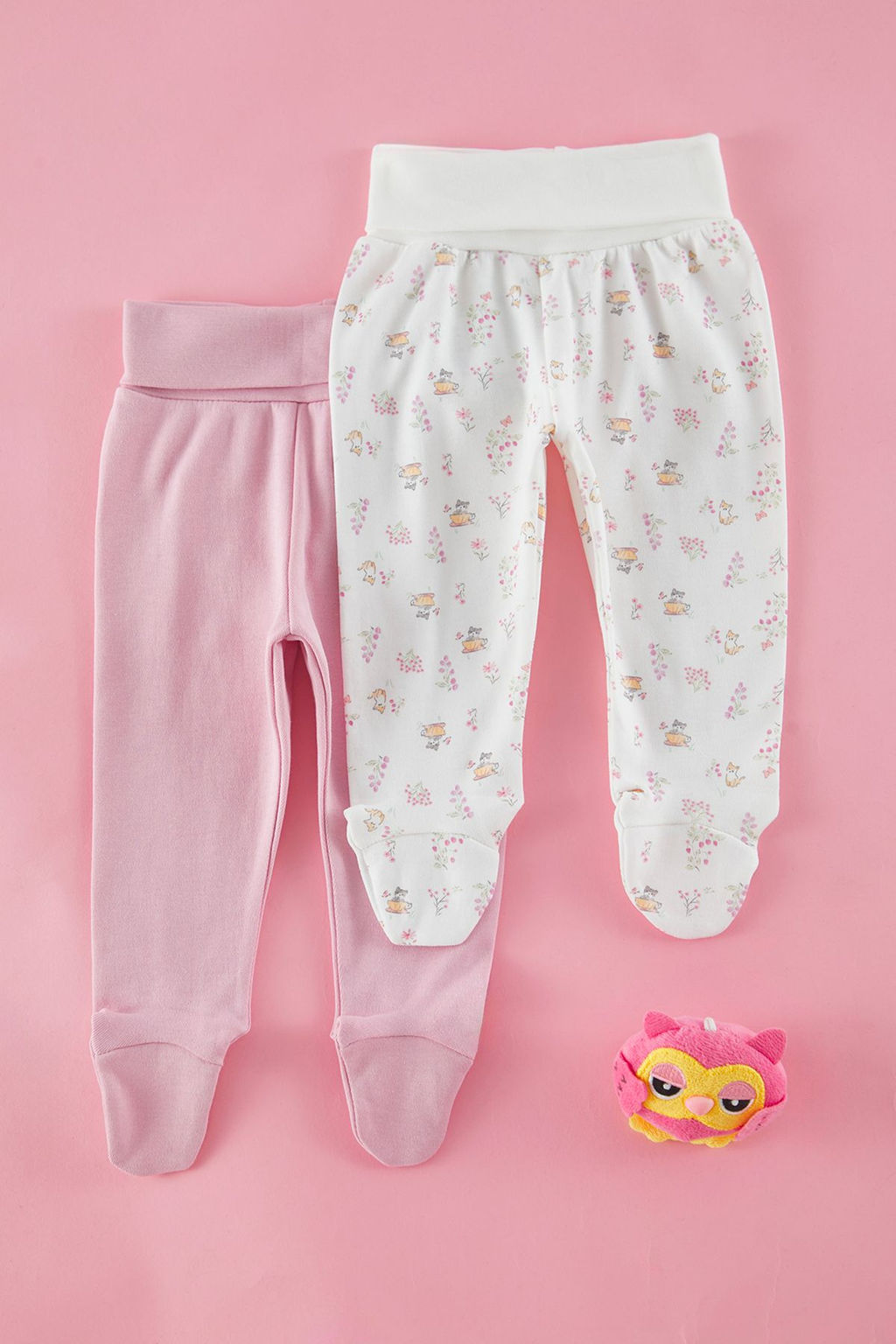 Ekru-Pembe 2li K?z Bebek %100 Pamuk Bask?l? Patikli Orme Pantolon TKDSS25PL00011