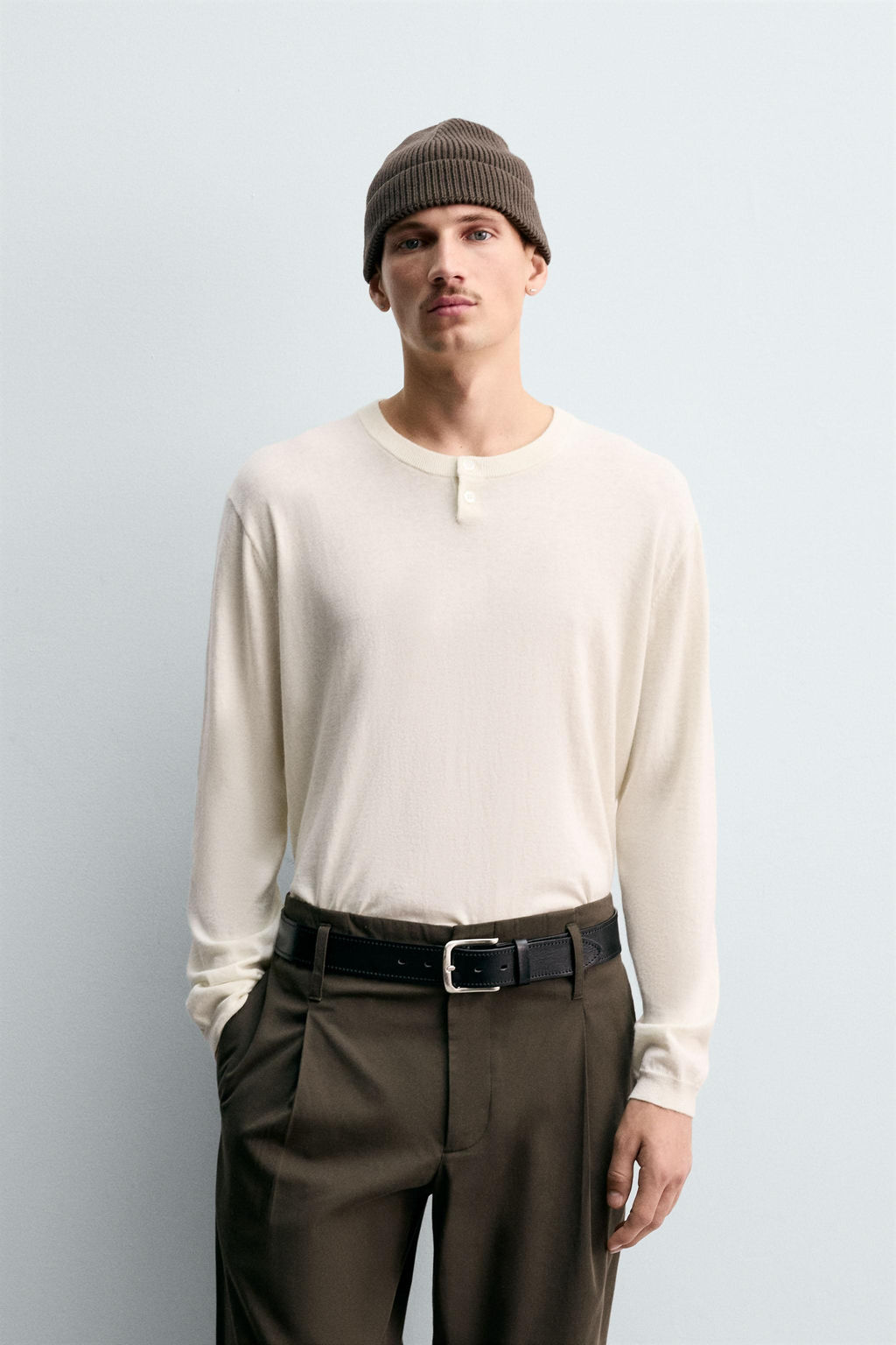 COTTON-CASHMERE BUTTON NECK SWEATER