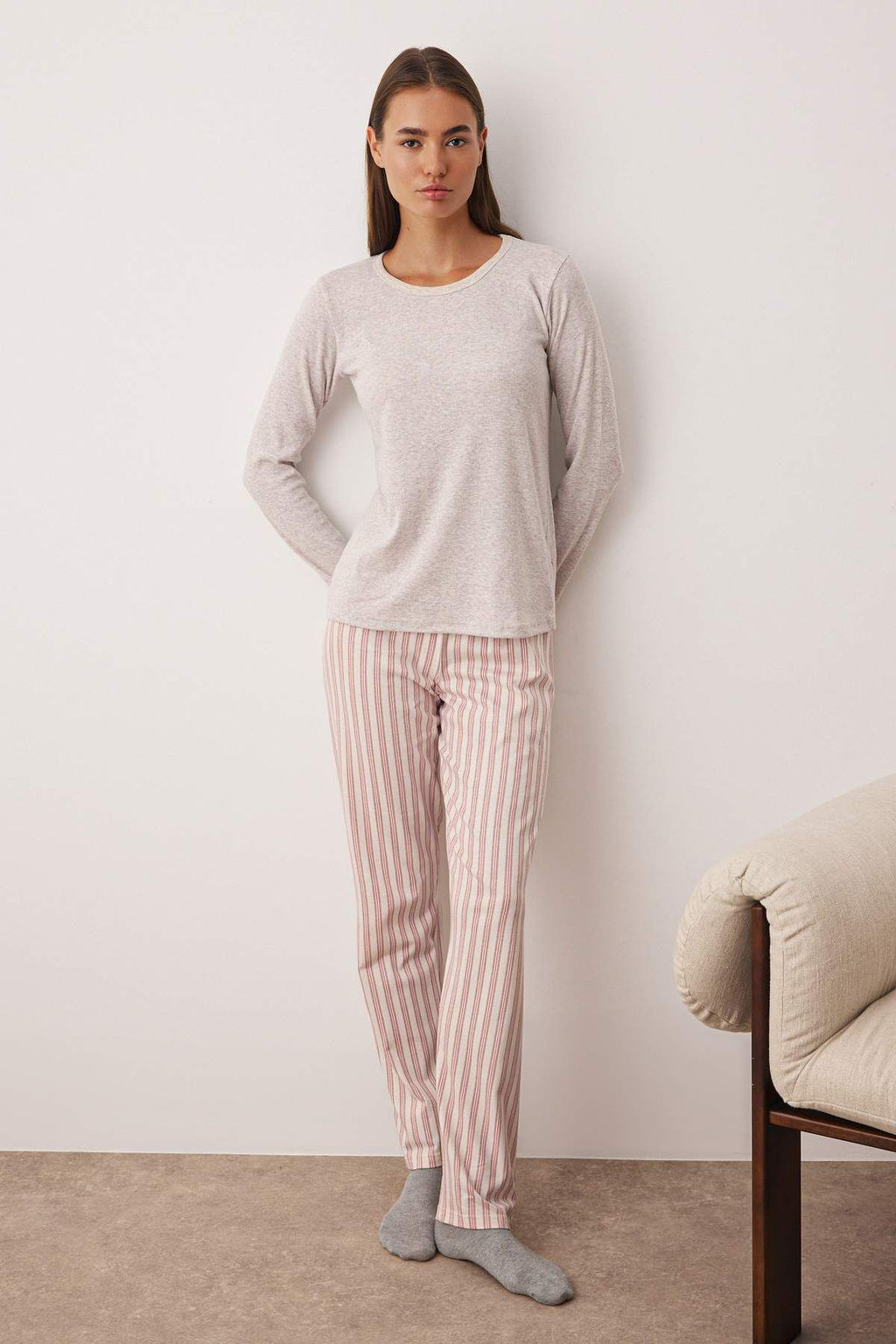 Bej-Pembe Ust Fitilli, Alt Pamuklu Cizgili Orme Pijama Tak?m? THMAW26PT00095 - Trendyolmilla фото 2