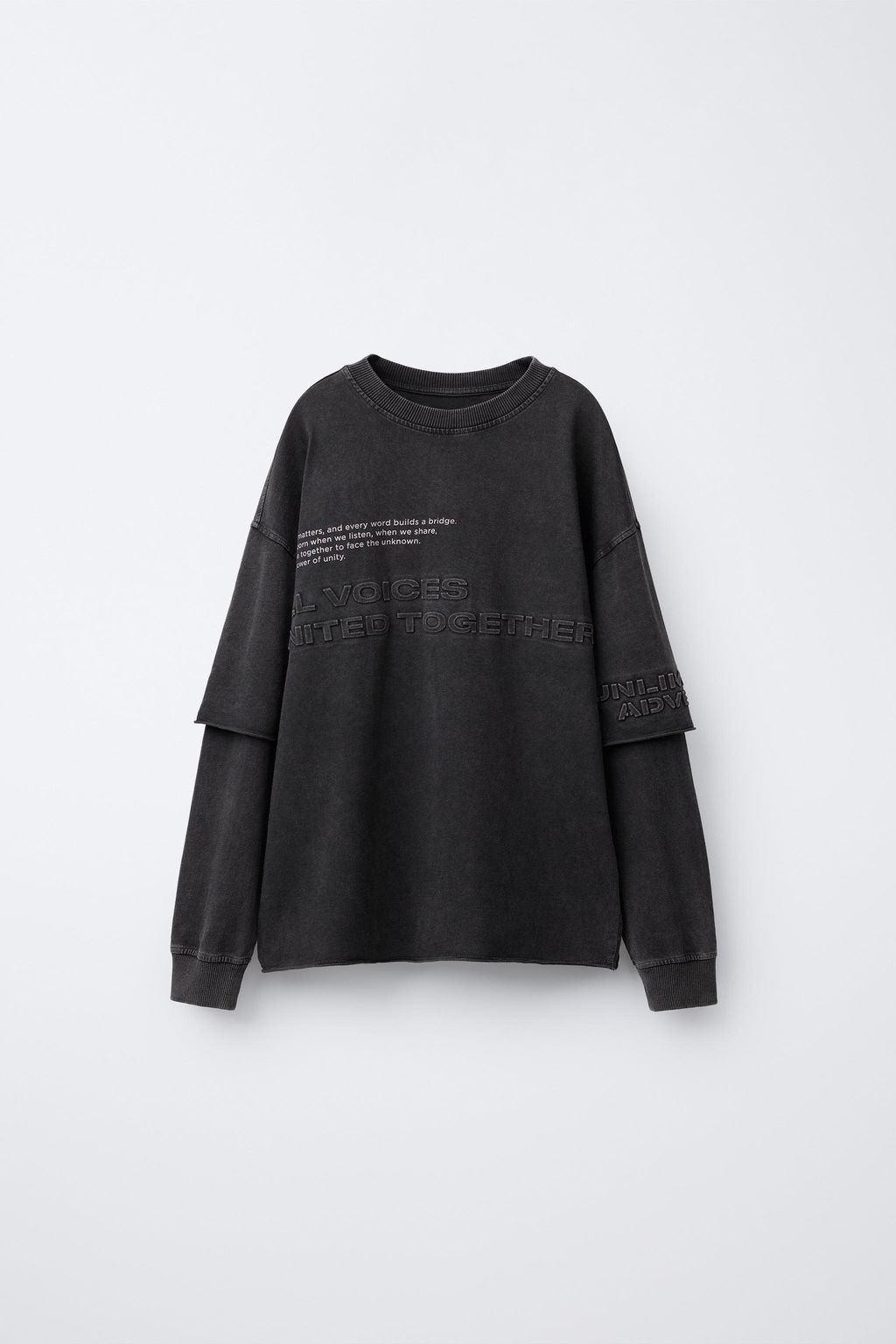 FADED-EFFECT T-SHIRT WITH DOUBLE SLEEVES AND RAISED SLOGAN