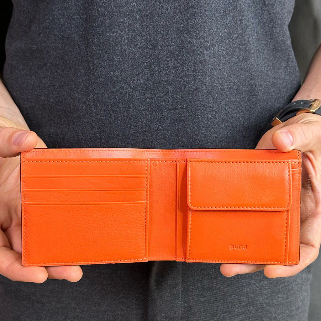 Итальянский мужской кожаный кошелек DuDu серии Azzorre | черно-оранжевый - Dudubags фото 5