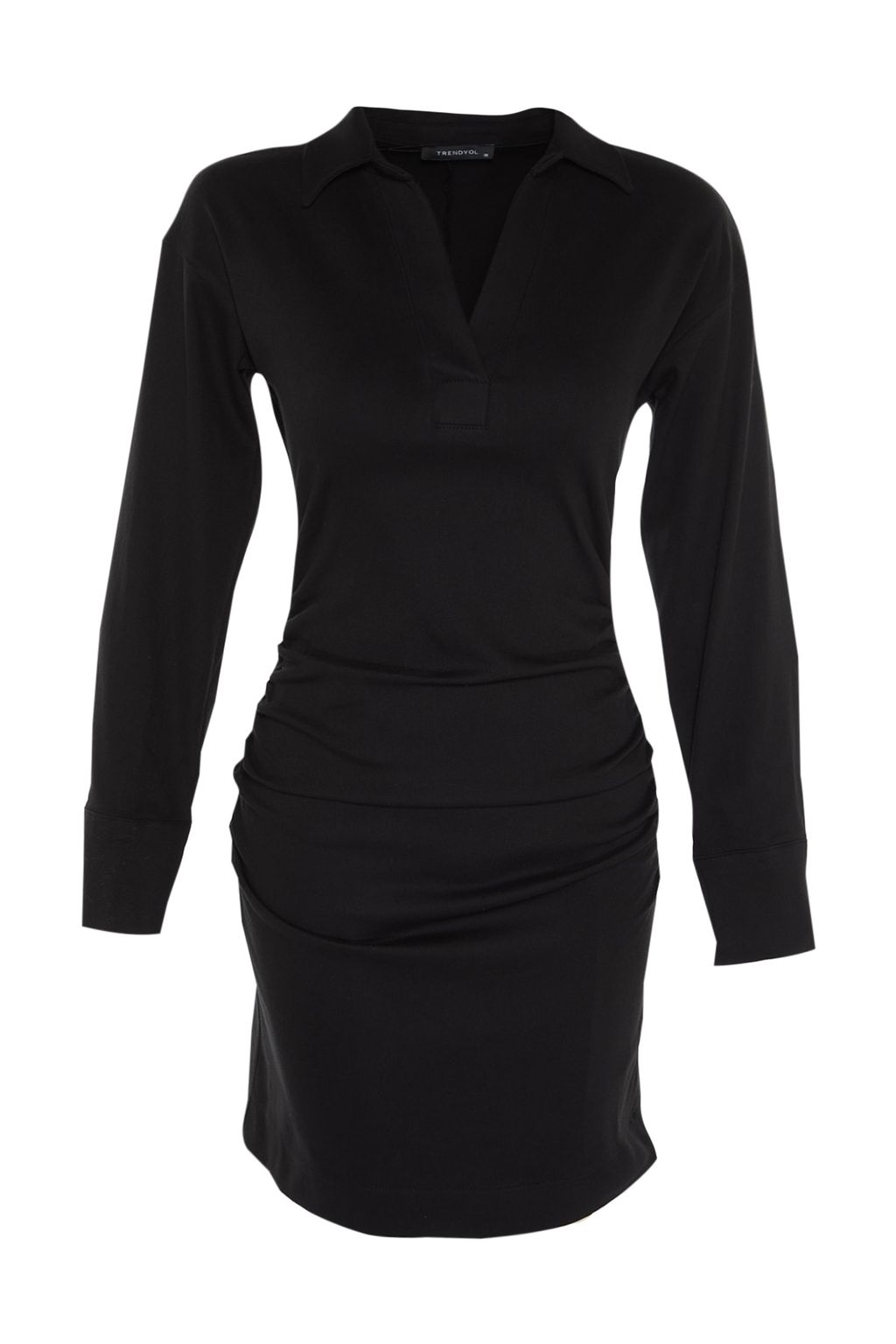 TRENDYOLMILLA Limited Edition Siyah Vucuda Oturan Drape Detayl? Mini Gabardin Dokuma Elbise TWOAW21EL1388
