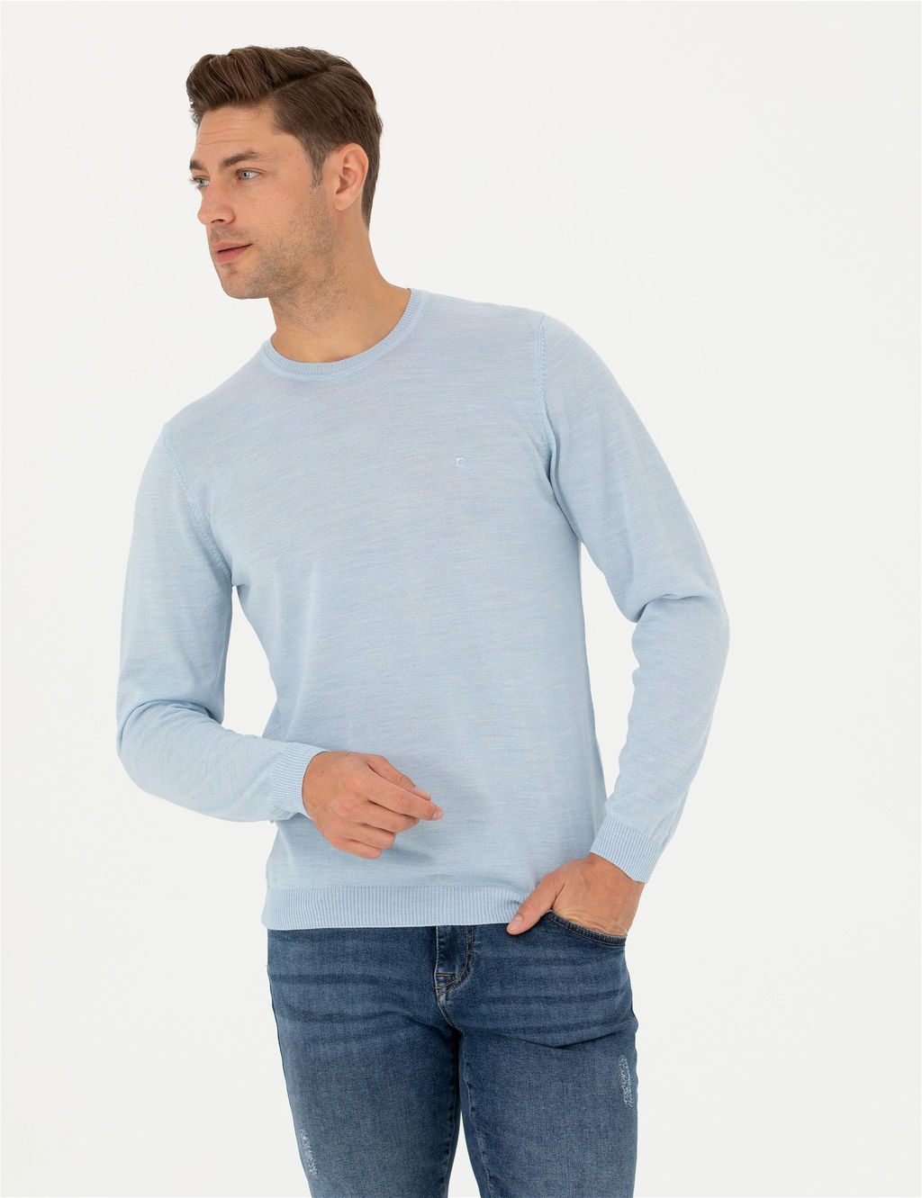 A__k Mavi Slim Fit Bisiklet Yaka Y_n Kar___ml_ Basic Triko Kazak