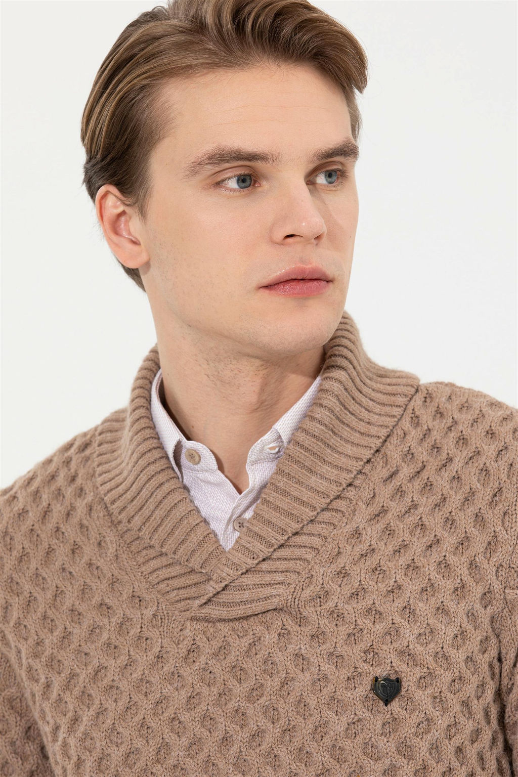 U. S. Polo Assn Мужской светло-коричневый меланжевый трикотаж с шалевым воротником - U.s. polo assn фото 10