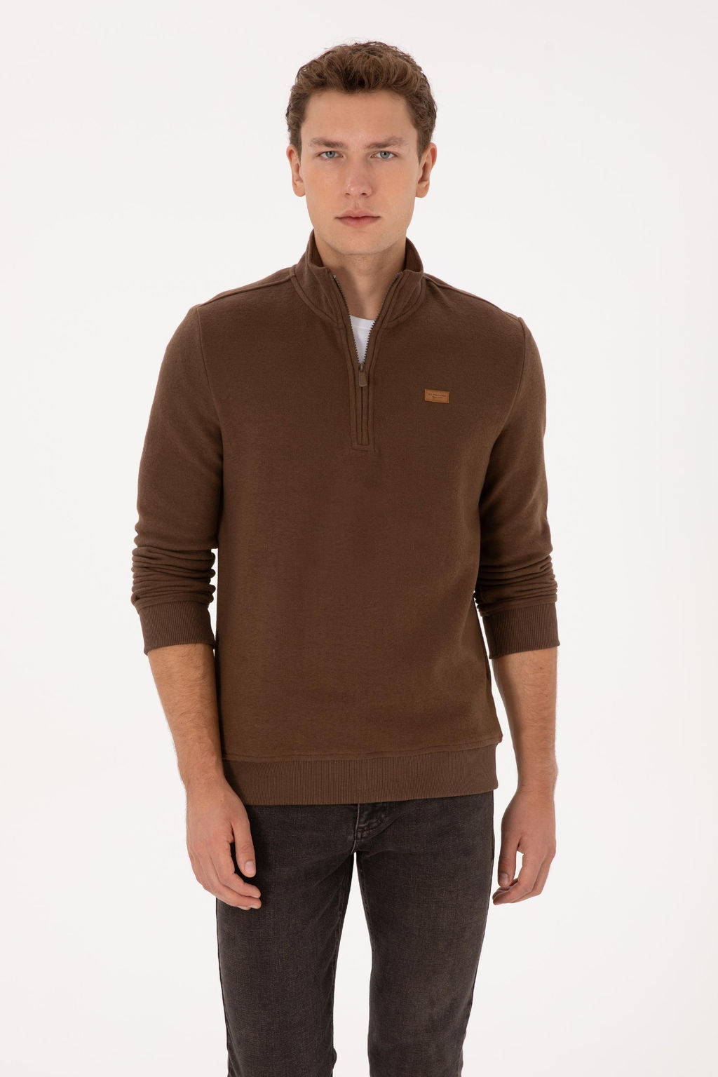 Erkek Regular Fit Yar_m Fermuarl_ Kahverengi Basic Sweatshirt