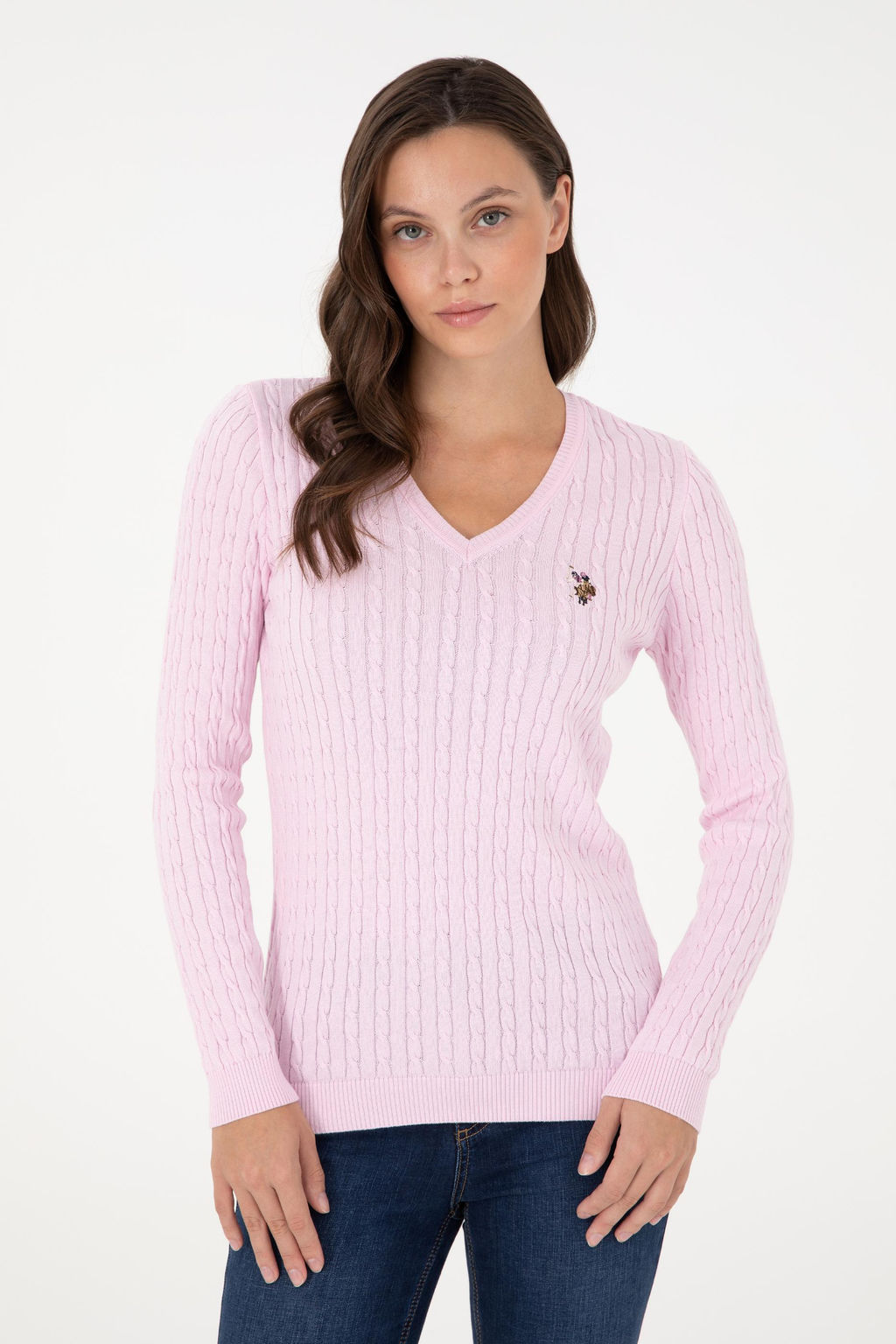 Женский розовый базовый свитер с v-образным вырезом Неожиданная скидка в корзине - U.s. polo assn фото 3