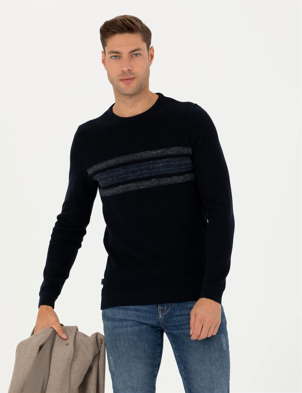 Koyu Lacivert Slim Fit Fermuarl_ Dik Yaka Triko Kazak