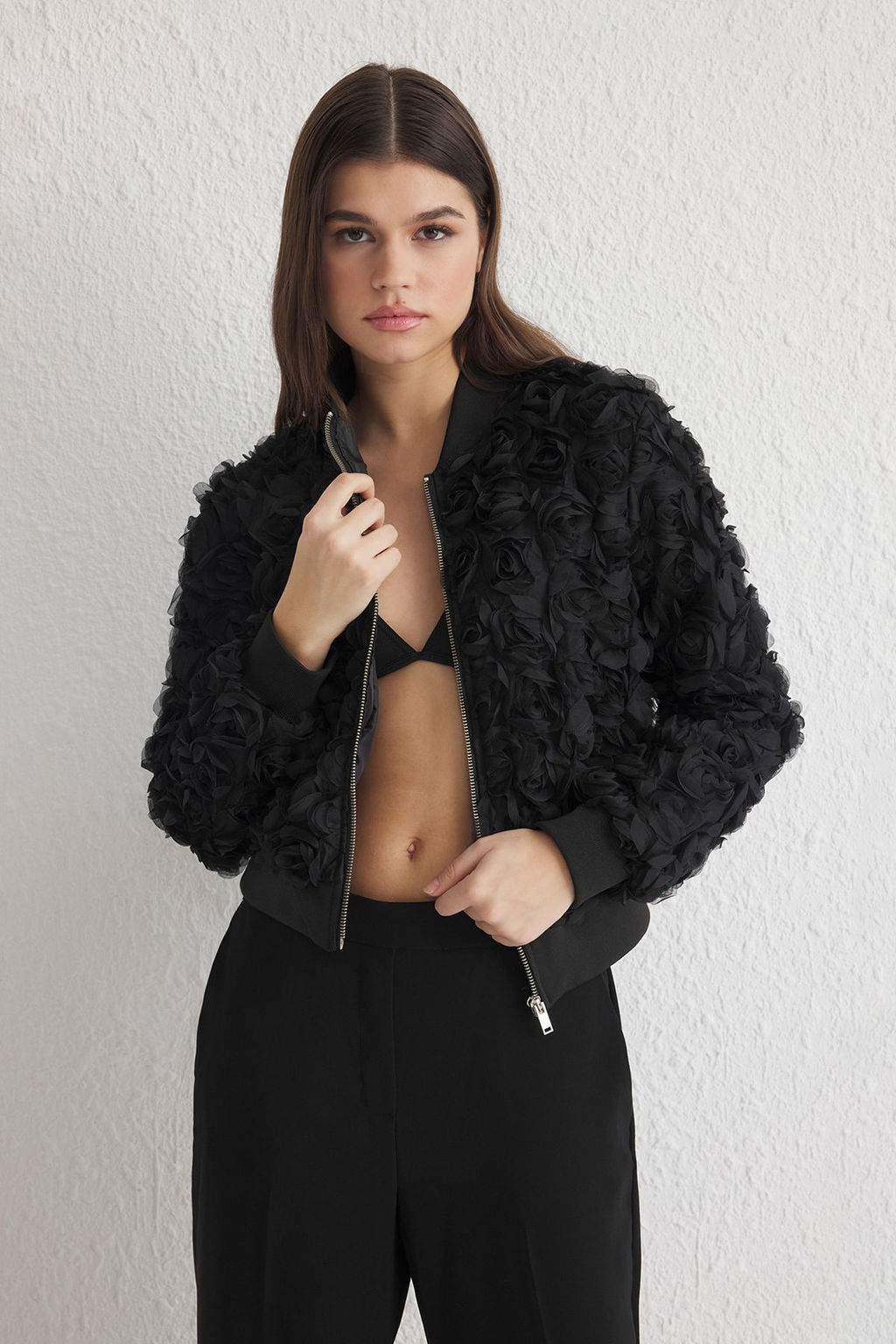 Trendyolmilla Siyah Oversize 3 Boyutlu Cicek Desenli Bomber Ince Ceket Mont TWOSS25MO00013  фото 3