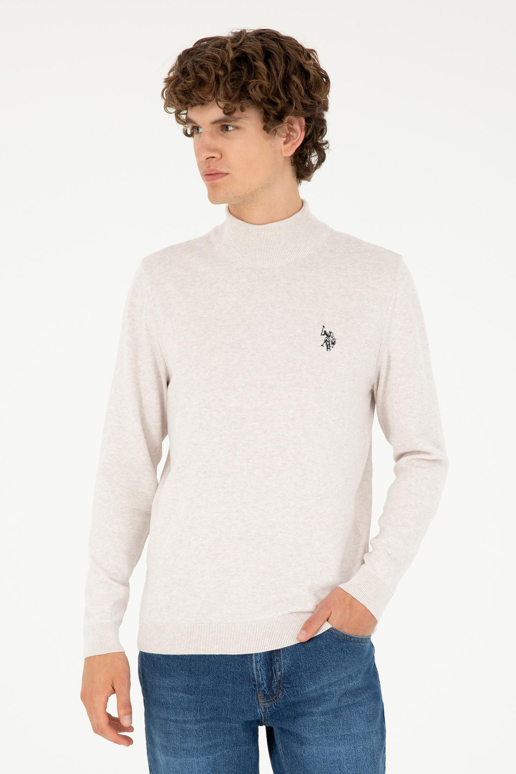 Свитер мужской U.S. Polo Assn каменный меланж хлопок  фото 8