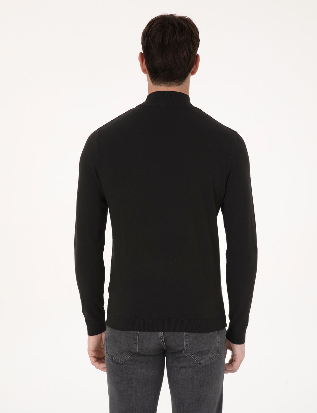 Siyah Slim Fit Pamuk Kar___ml_ Yar_m Bal_k__ Yaka Basic Triko Kazak