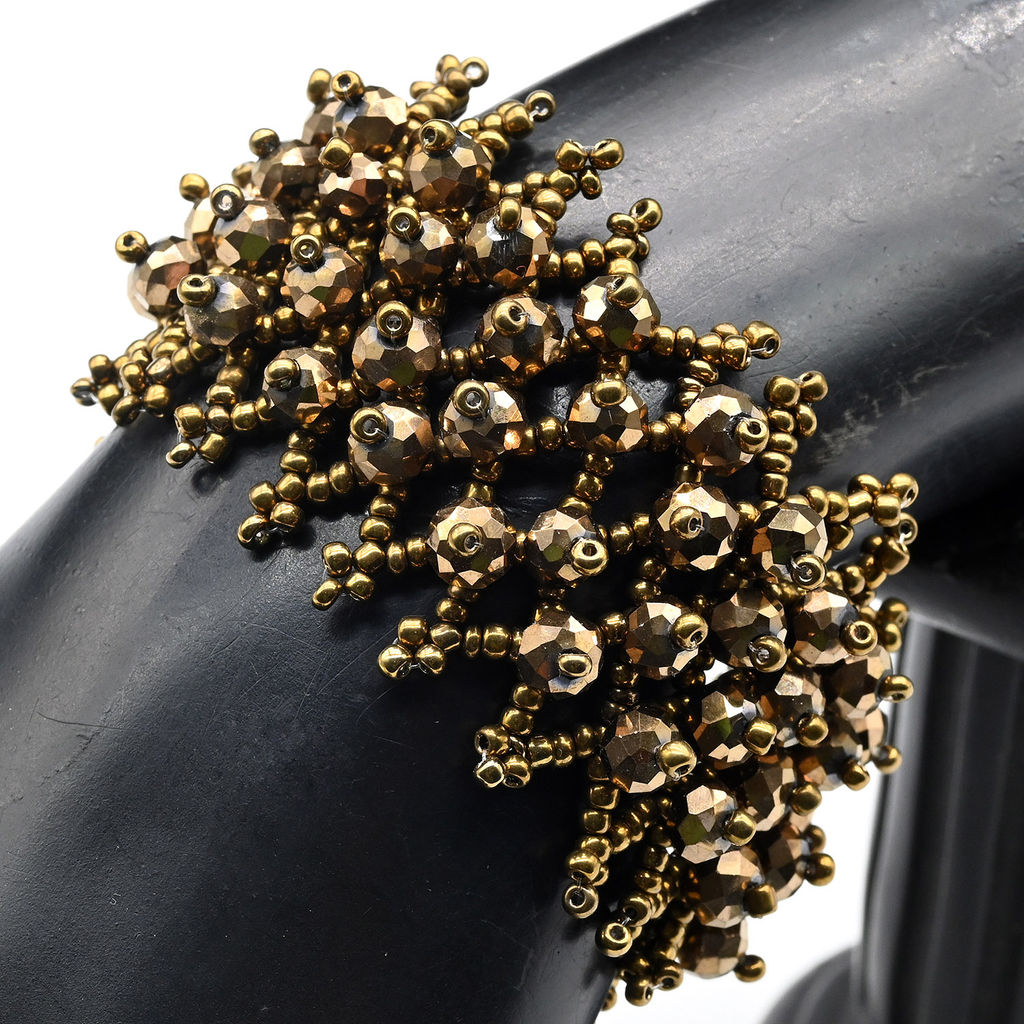 Браслет плетеный из бисера с цирконом цв.медный, 18см