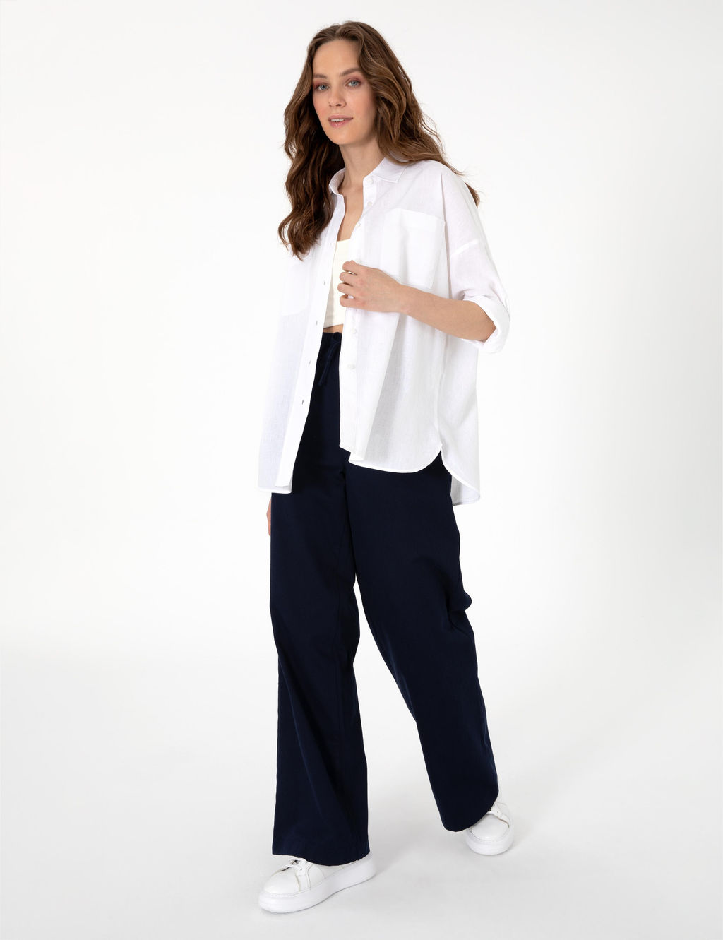 Beyaz Oversize Keten Kar___ml_ Uzun Kollu G_mlek - Pierre cardin фото 4