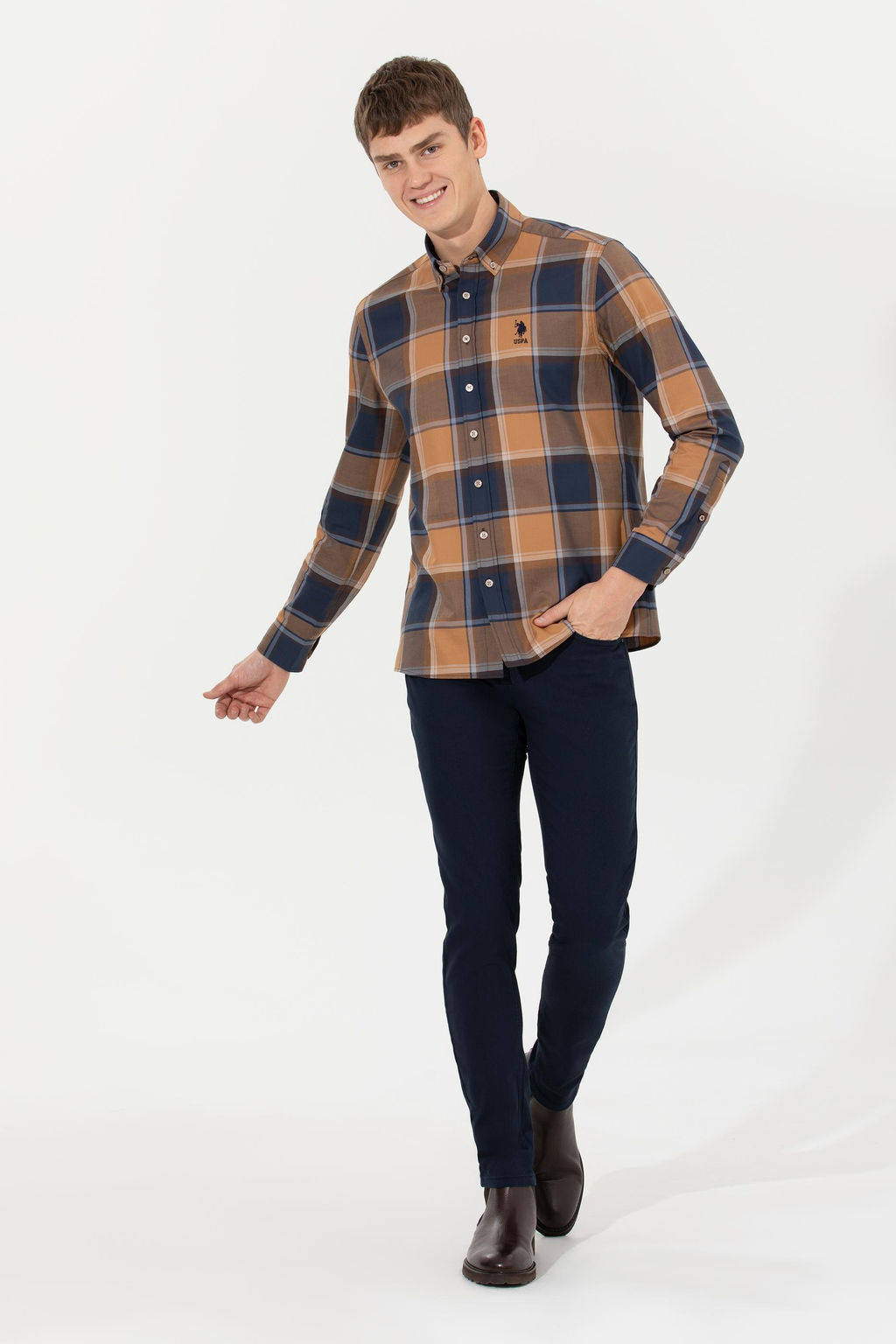 U. S. Polo Assn Мужская рубашка светло-коричневого цвета в клетку - U.s. polo assn фото 3