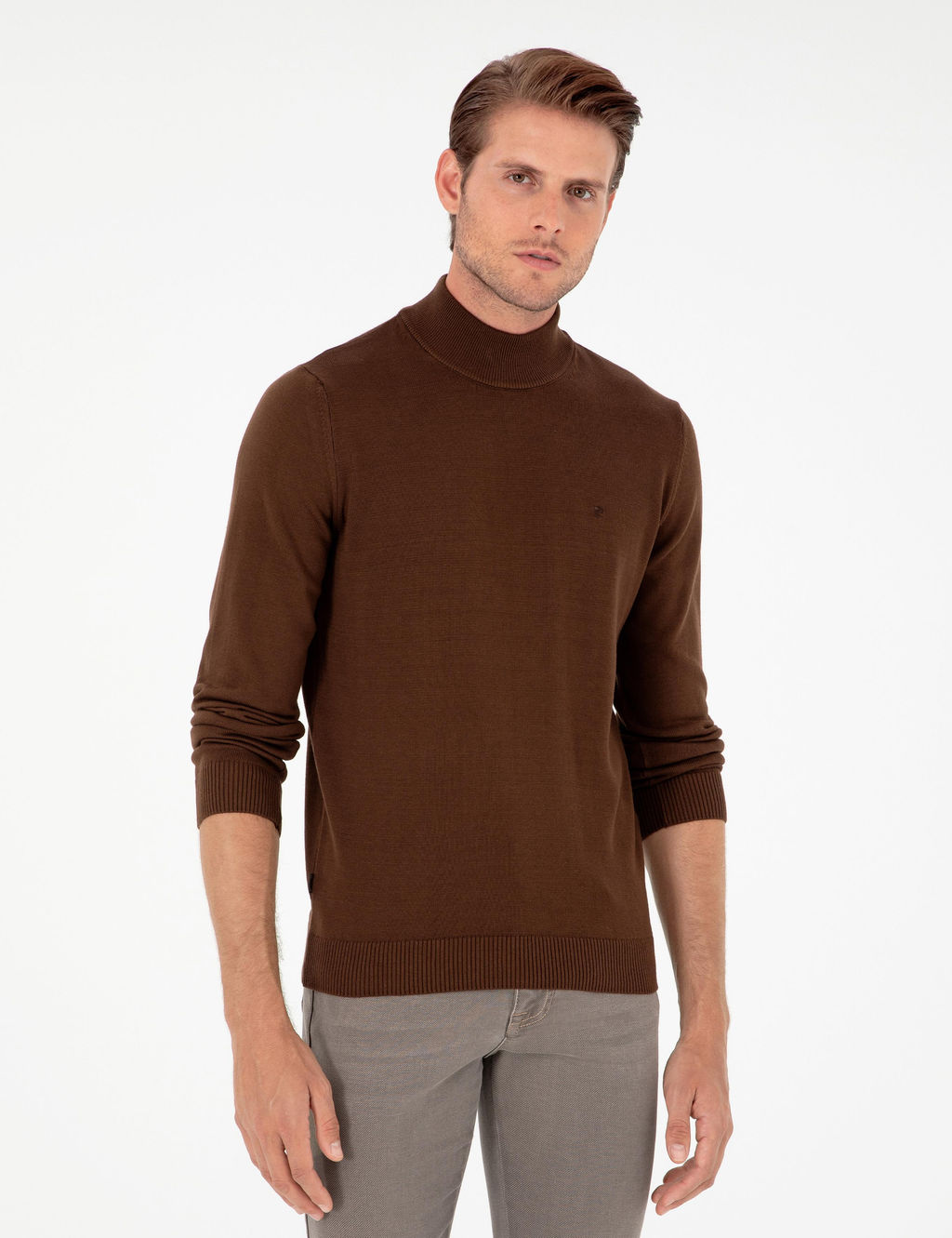 Koyu Kahverengi Slim Fit Yar_m Bal_k__ Yaka Basic Triko Kazak