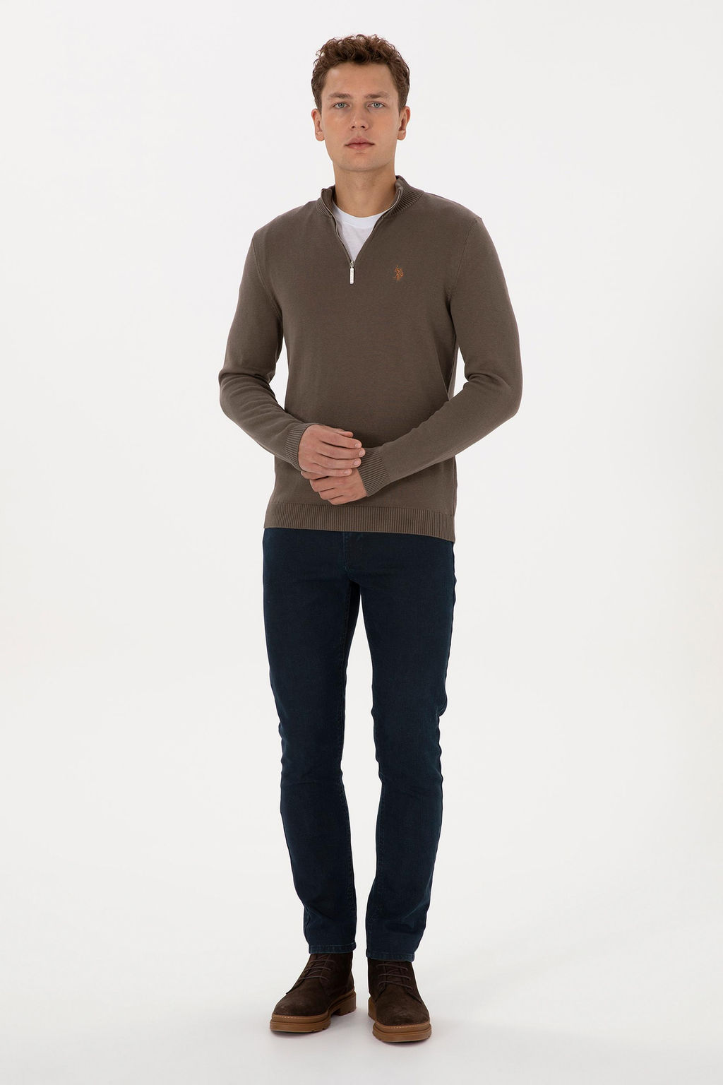 Erkek Slim Fit Yar_m Fermuarl_ Vizon Basic Kazak