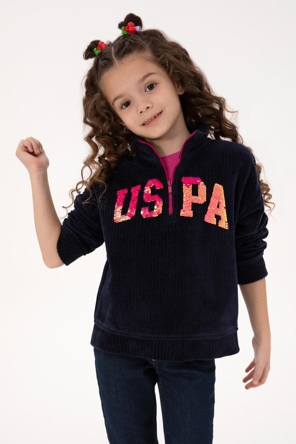 K_z _ocuk Lacivert Yar_m Fermuarl_ Pul Payetli Sweatshirt