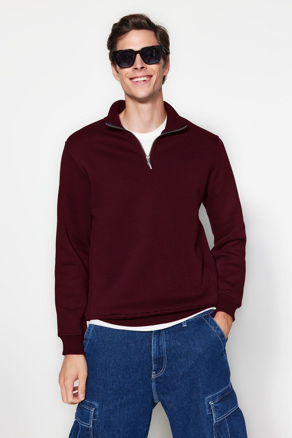 Bordo Regular/Normal Kesim Dik Yaka Fermuarl? Ici Polar/S?cak Tutan Basic Sweatshirt TMNAW24SW00041