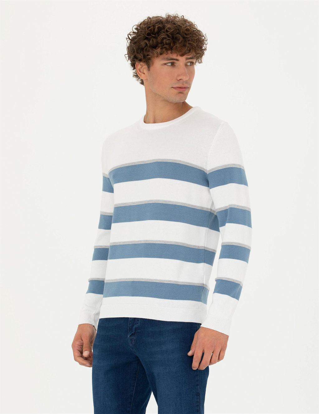 Ekru Slim Fit Bisiklet Yaka Triko Kazak