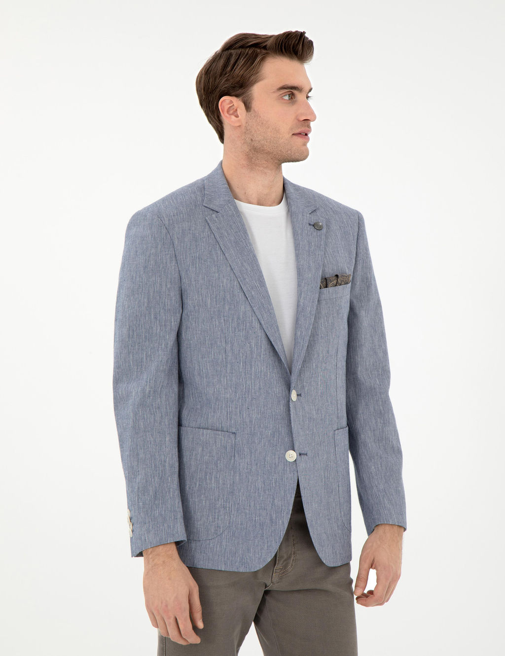 Koyu Mavi Ex. Slim Fit Keten Kar___ml_ Ceket
